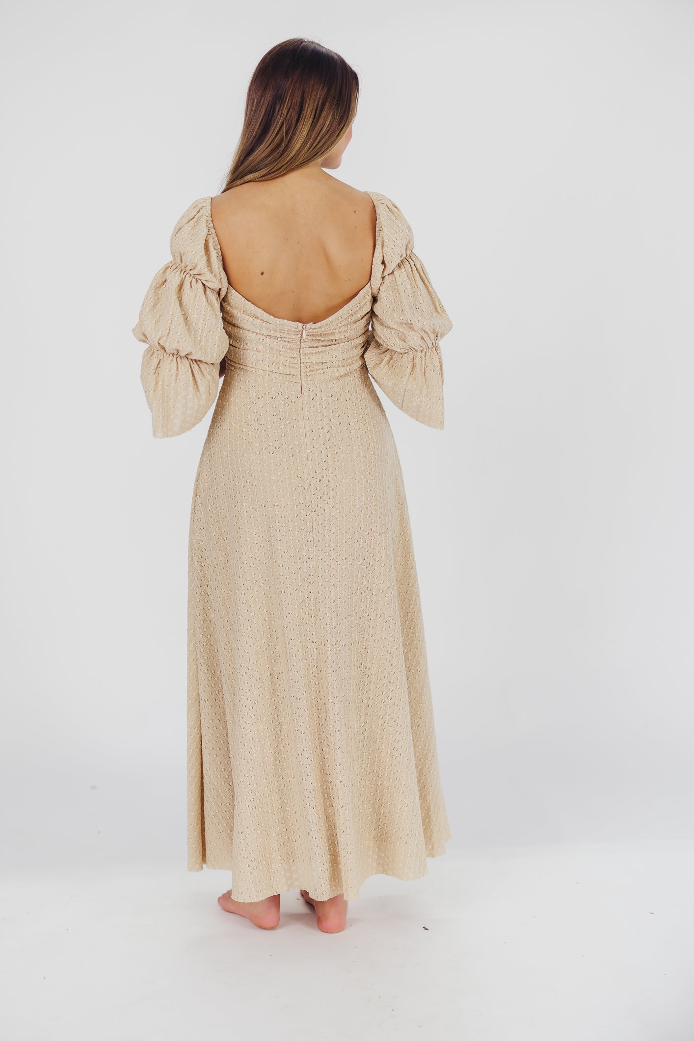Corrine Tiered Sleeve Maxi Dress with Pockets - Bump Friendly Maternity Dress in Beige | Perfect for Pregnancy, Nursing, and Special Occasions