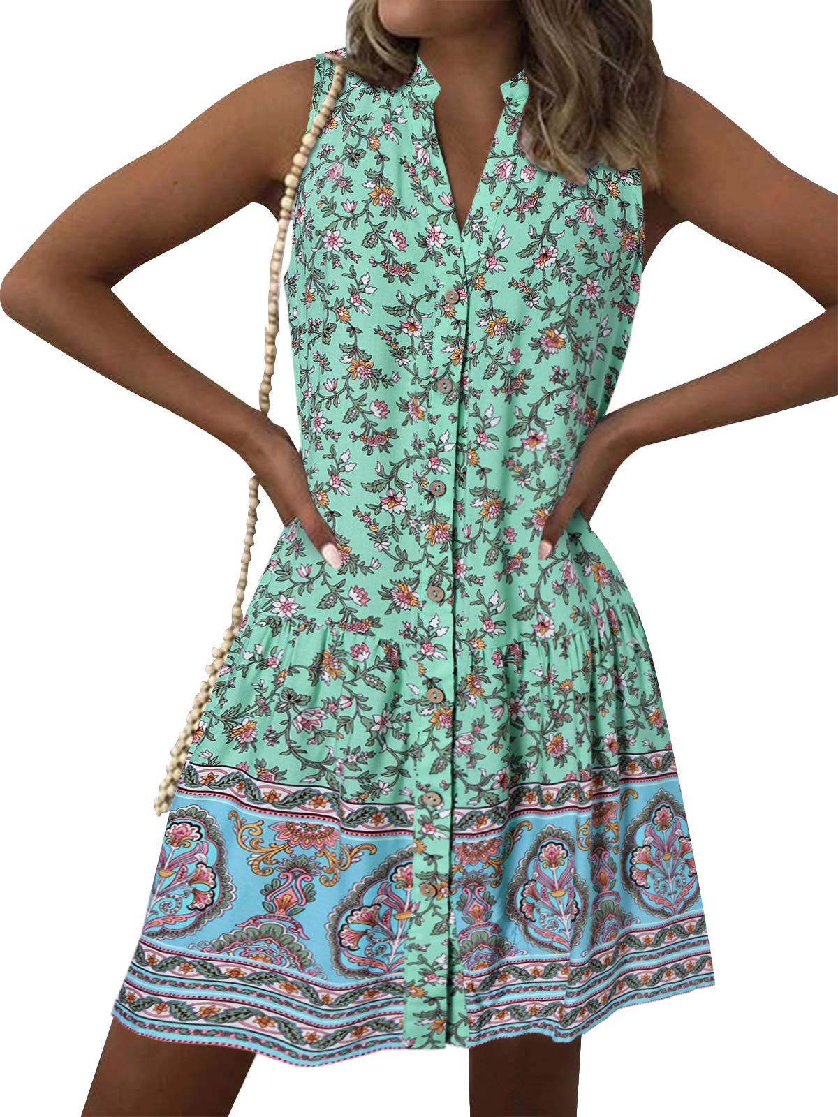Kidsform Women's Summer Boho Floral Print Sleeveless Adjustable Mini Dress - Casual Beach Sundress for Vacation, Party & Outdoor Activities