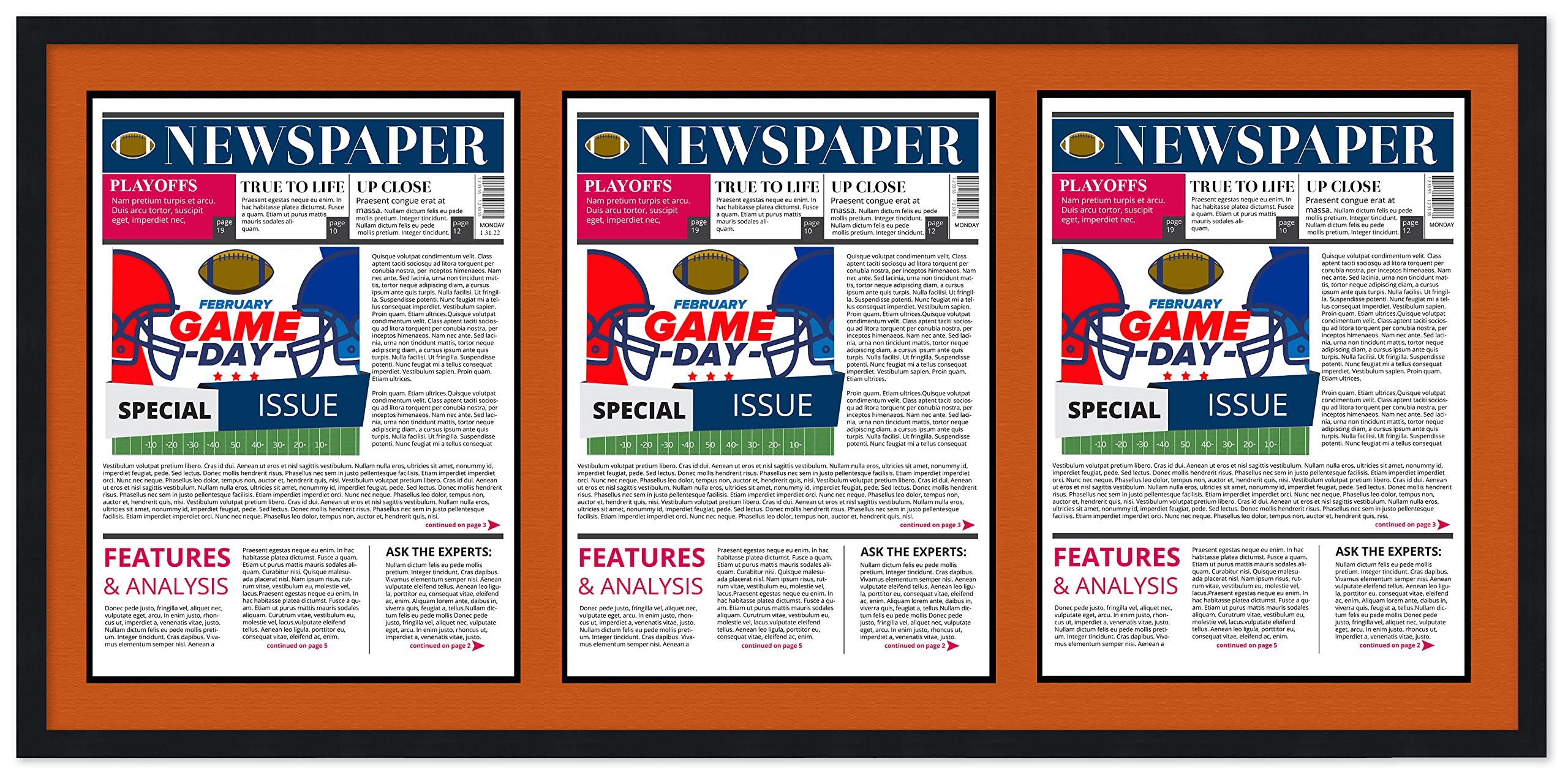 11x21 Newspaper Display Frame - Black with Orange & Black Acid-Free Double Matting - Holds 3 Full Newspapers - UV Protective Acrylic - Perfect for Cincinnati Enquirer & Memorabilia Preservation - Home Office Decor & Gift Idea