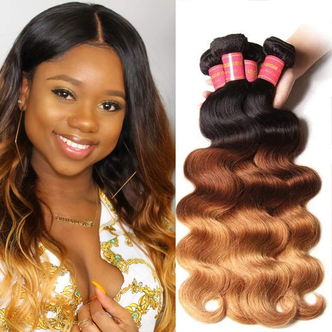 Sunber 12A Grade Ombre Body Wave 3 Bundles Brazilian Virgin Human Hair Extensions - 3 Tone Mixed 1B/4/27 Color (20 22 24 Inch) for Stunning Blended Highlights | Perfect for Salon Styling, Weddings & Everyday Glam