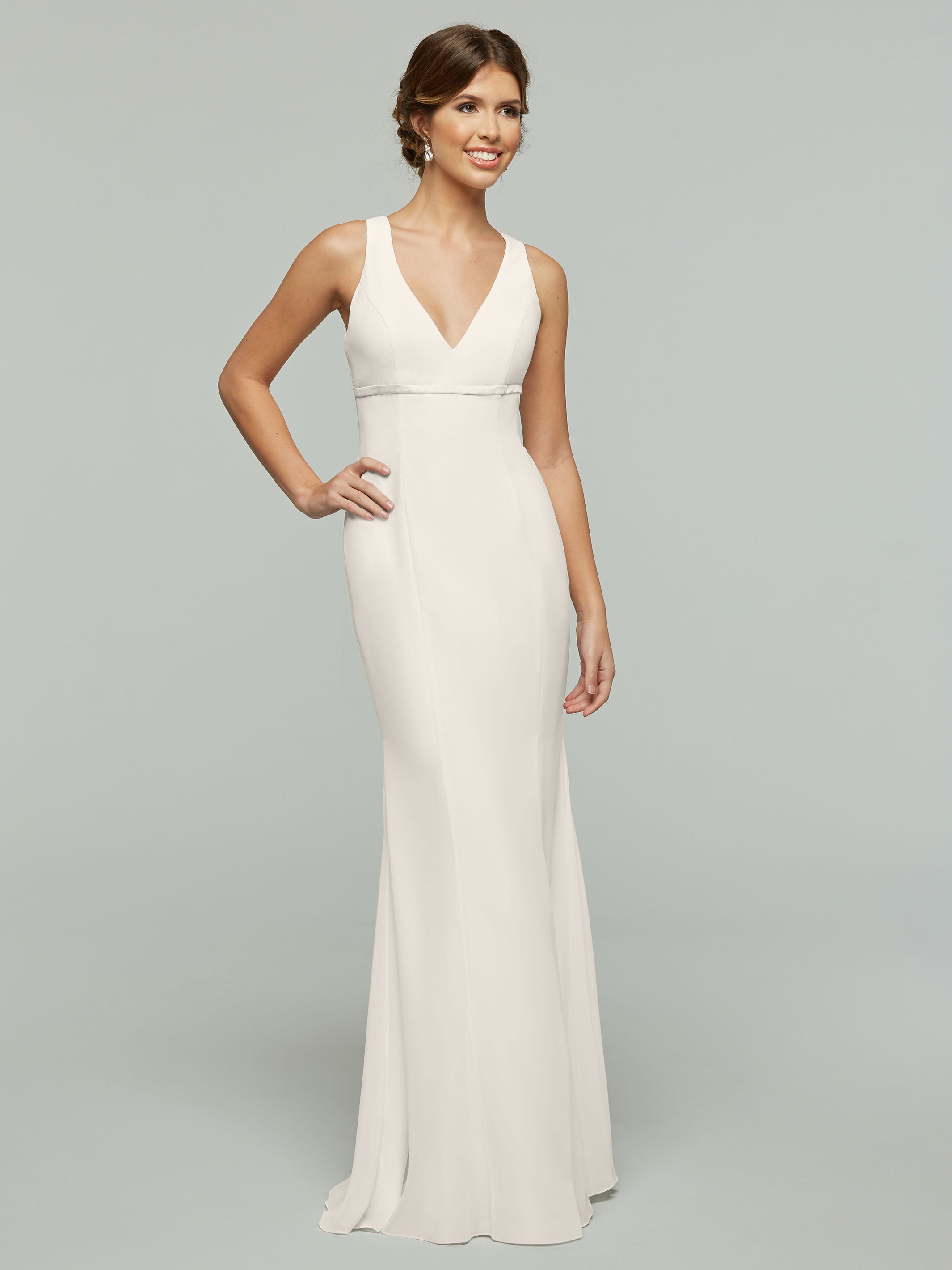 Elegant 80155 Fit and Flare Chiffon Bridesmaid Dress with V-Neck & Satin Ribbon - Perfect for Weddings, Proms, and Formal Events