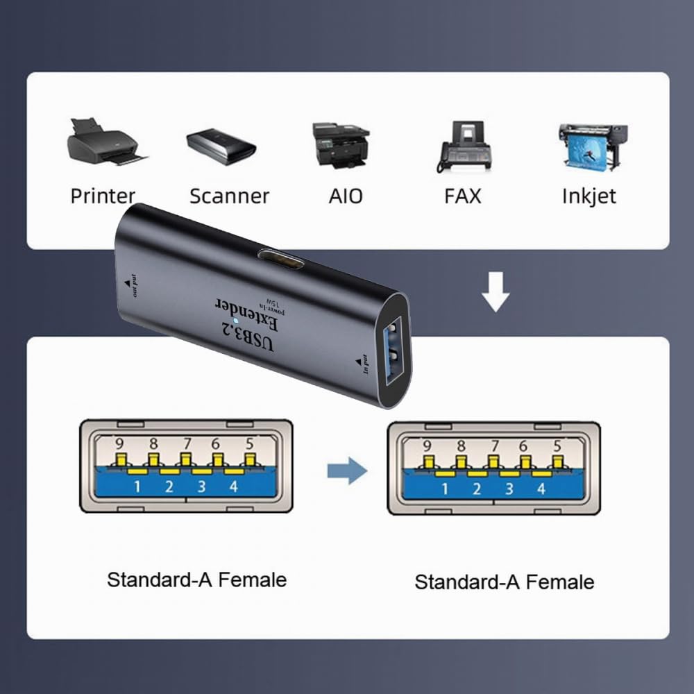 USB 3.0 Active Repeater Cable - Type A Female to Female Extender with Signal Booster Chipset for Camera, Printer, Computer - Perfect for Home Office & Studio Equipment Connectivity