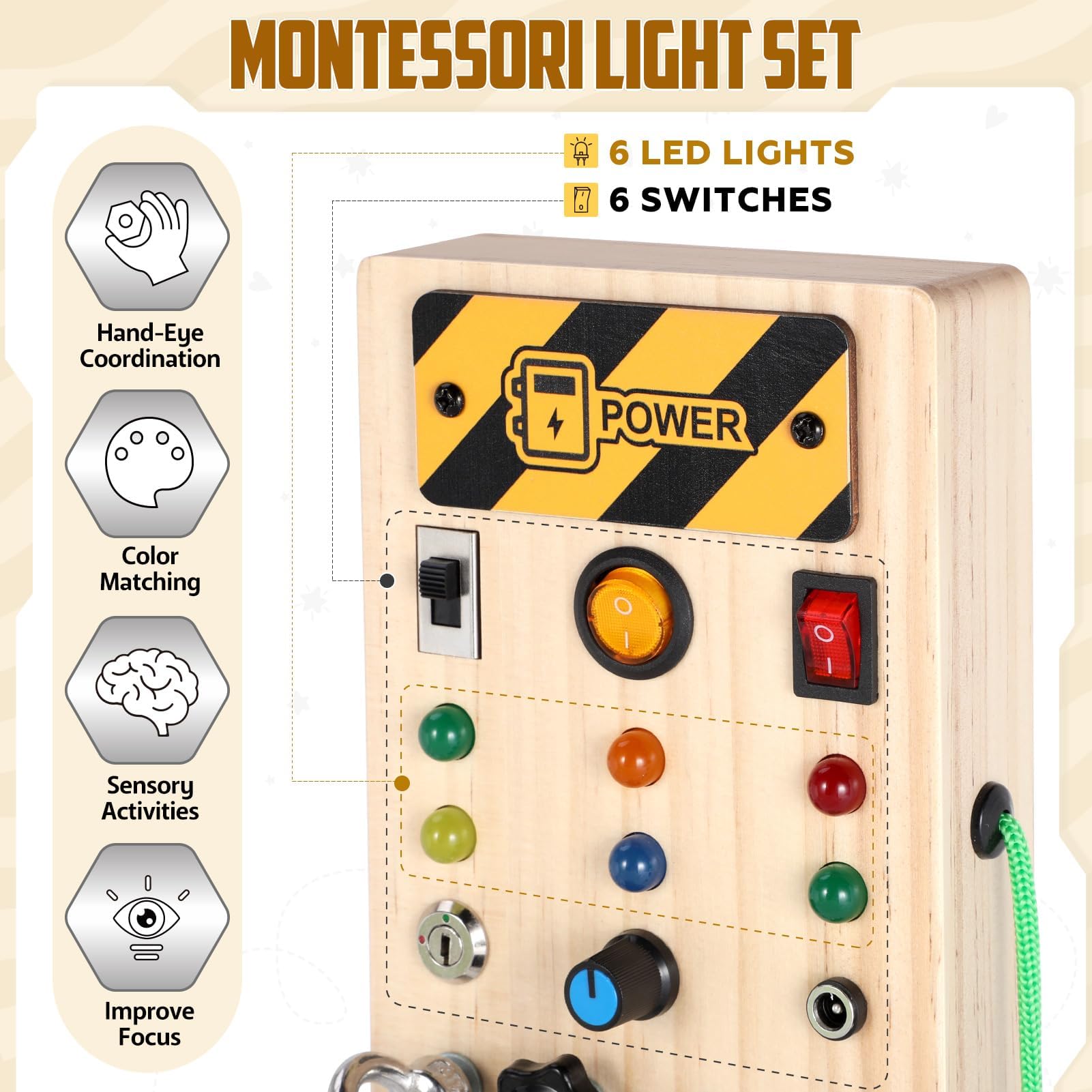 Montessori Busy Board for Toddlers 1-3 Years - Wooden Sensory Activity Toy with LED Lights - Educational Learning Toy for 3 4 Year Old Boys & Girls - Perfect Christmas Birthday Gift for Kids - Great for Travel, Home Play & Early Childhood Development