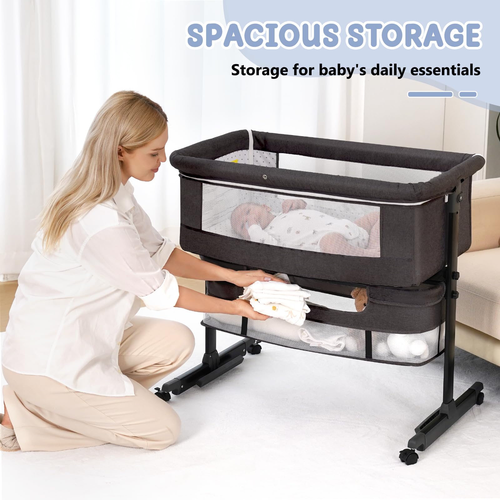 3-in-1 Adjustable Baby Bassinet Bedside Sleeper with Wheels & Storage Basket - Breathable Mesh, Rocking Mode, Easy Fold - Perfect for Nursery, Bedroom & Travel (Dark Gray)