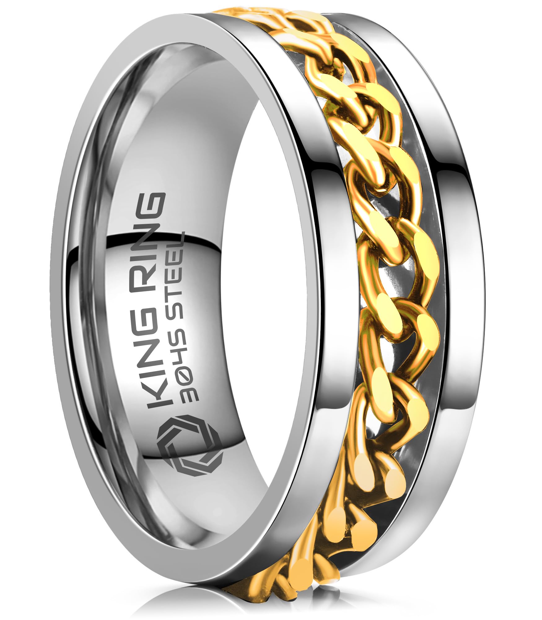 8mm Spinner Ring for Men & Women - Fine Polished Flat Fidget Ring with Cuban Chain - Stress Relief & Anxiety Relief Jewelry - Perfect for Office, Travel & Daily Wear - Designed in USA