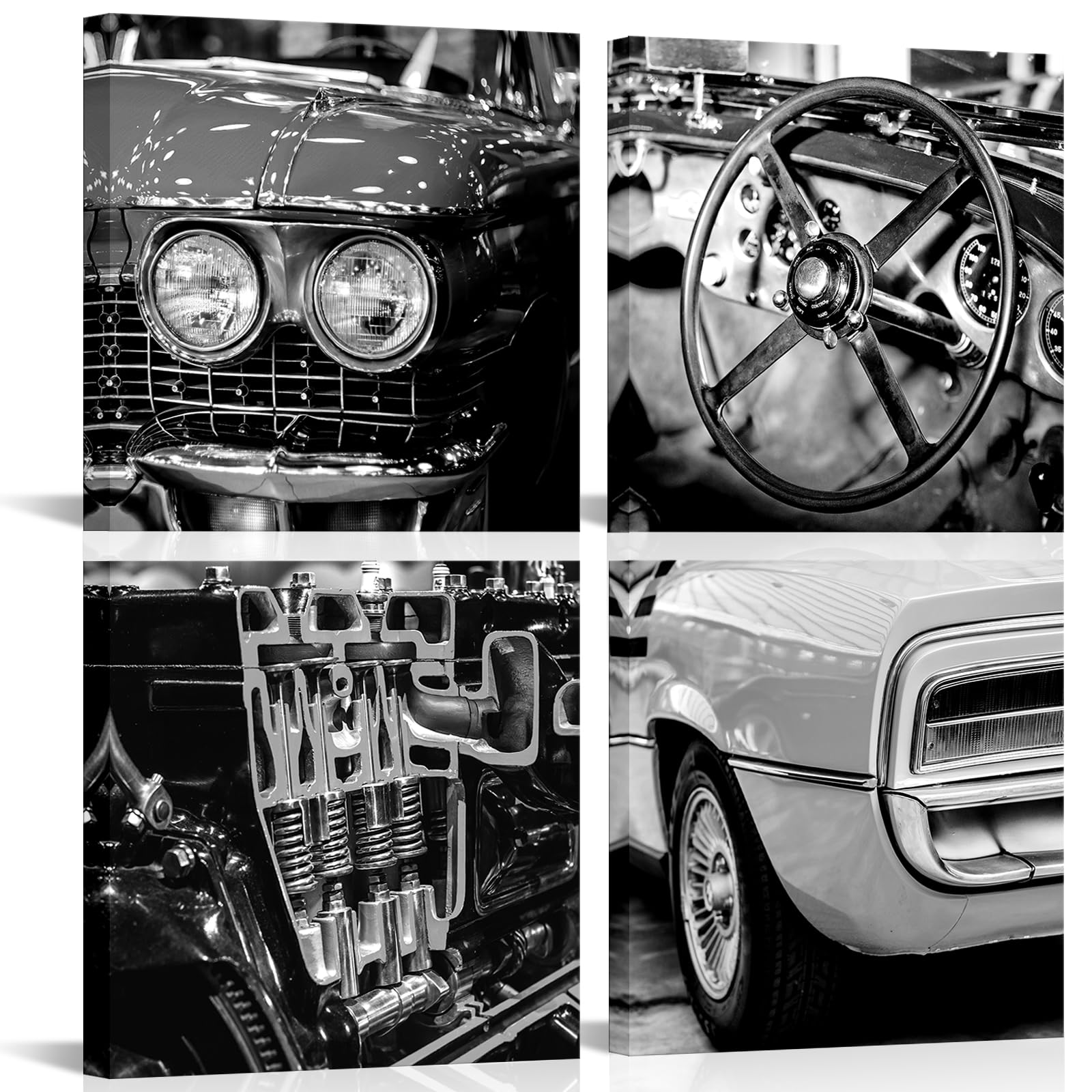 VANSEEING Vintage Car Canvas Wall Art - Black & White American Retro Vehicle Engines & Steering Wheel - Classic 12''x12''x4 Panels Poster Set for Men's Bedroom, Boys Room, Office & Man Cave Decor - Perfect for Automotive Enthusiasts & Retro Style Home Decor
