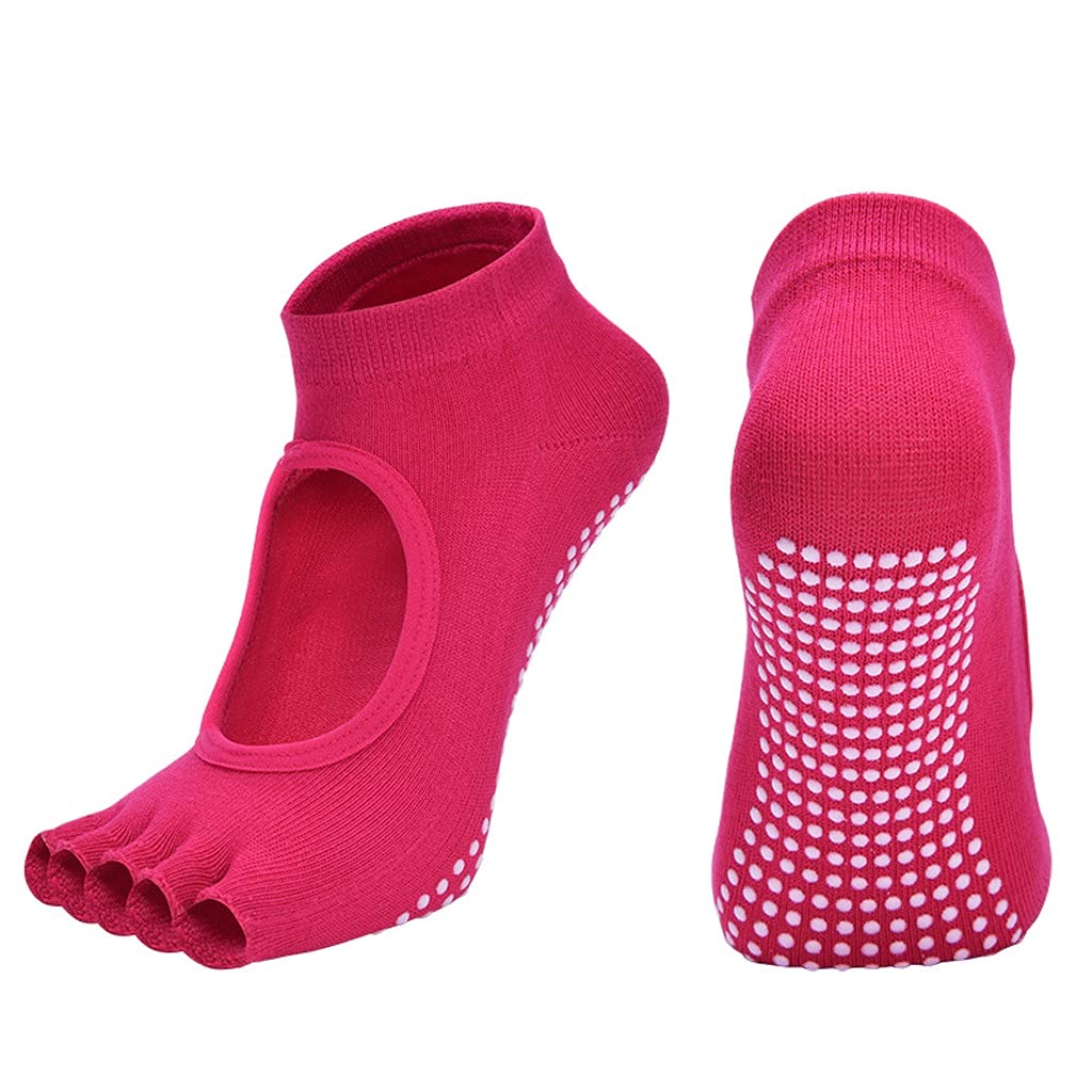 2021 Women's Yoga Socks - Backless Five-Toe Non-Slip Breathable Cotton Socks for Pilates, Gym, Fitness, Ballet & Dance | Anti-Slip Sole | Perfect for Yoga Studios, Home Workouts & Dance Classes (Red, Size EUR 35-40 / US 4.5-8.5)