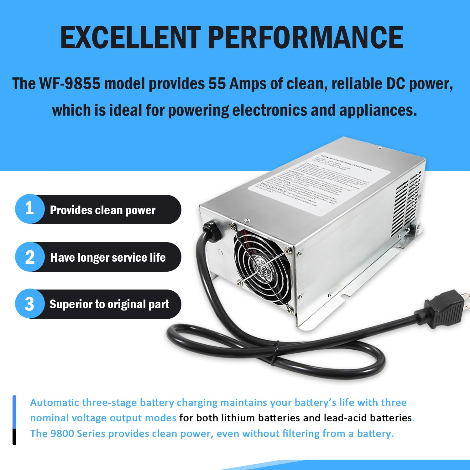 WF-9855 55 Amp RV Lithium-Ion Charger/Converter - Replacement for 9800 Series | Deck Mount Power Supply for RV, Trailer & Camper | Fast Charging & Battery Maintenance for Boondocking & Off-Grid Adventures