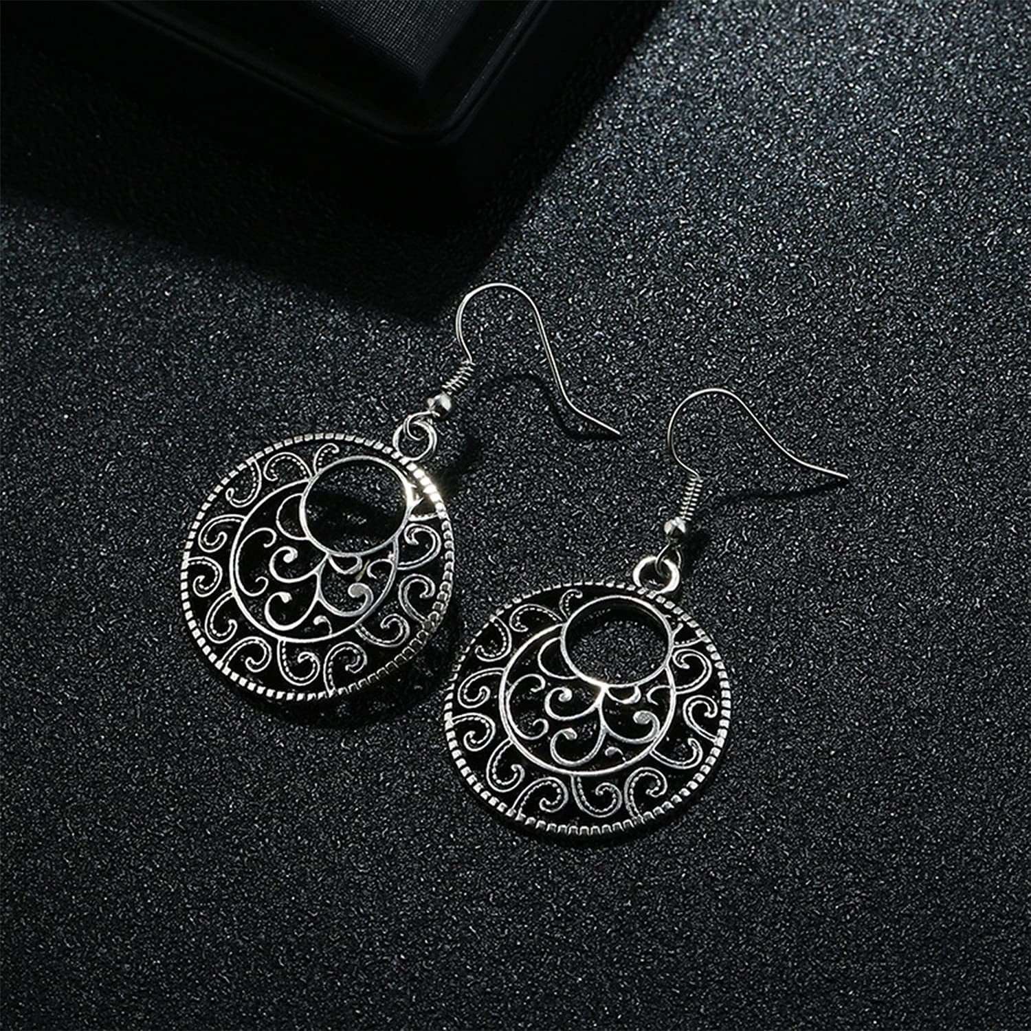 Bohemian Vintage Handmade Silver Hollow Dangle Drop Earrings for Women - Lightweight Filigree Disc Charm Gypsy Tribal Hoop Earrings | Perfect for Festivals, Weddings & Boho Fashion