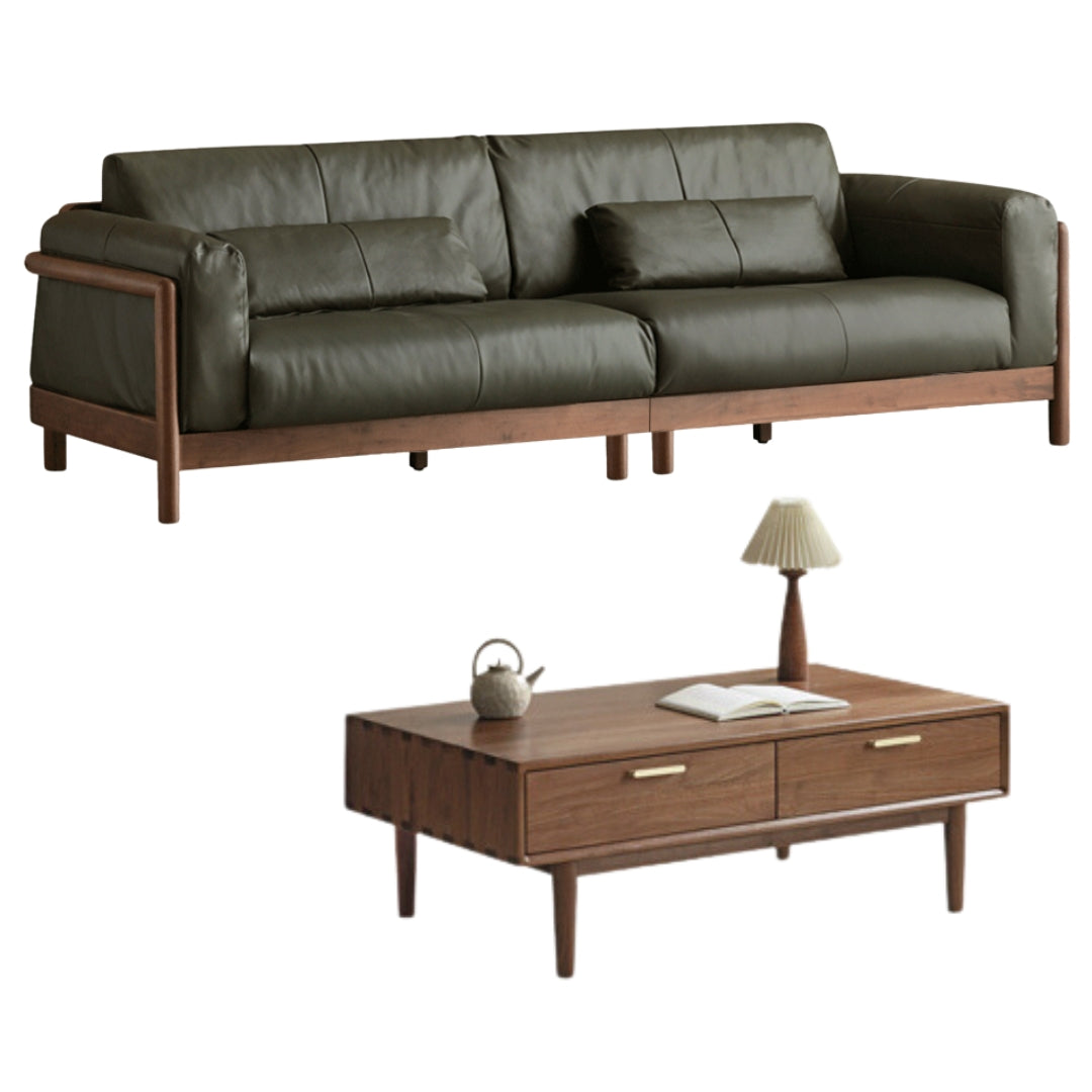 110.2x37.4x33.9 inch / 280x95x86сm /Walnut color/Black walnut sofa genuine dark green leather+ 1.2m solid wood coffee table