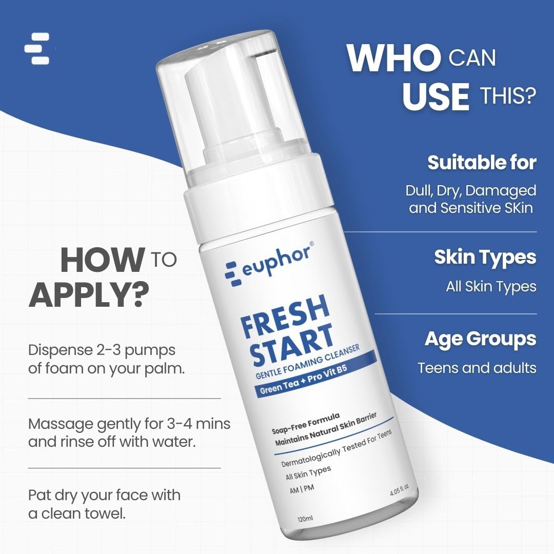 Euphor Teens Gentle Foaming Face Wash for Age 12+ - Green Tea, Aloe Vera & Vitamin B3 Cleanser for Dry, Oily & Combination Skin | Soap-Free, Sulfate-Free Formula | 120ml | Perfect for Morning & Night Skincare Routine | Men & Women