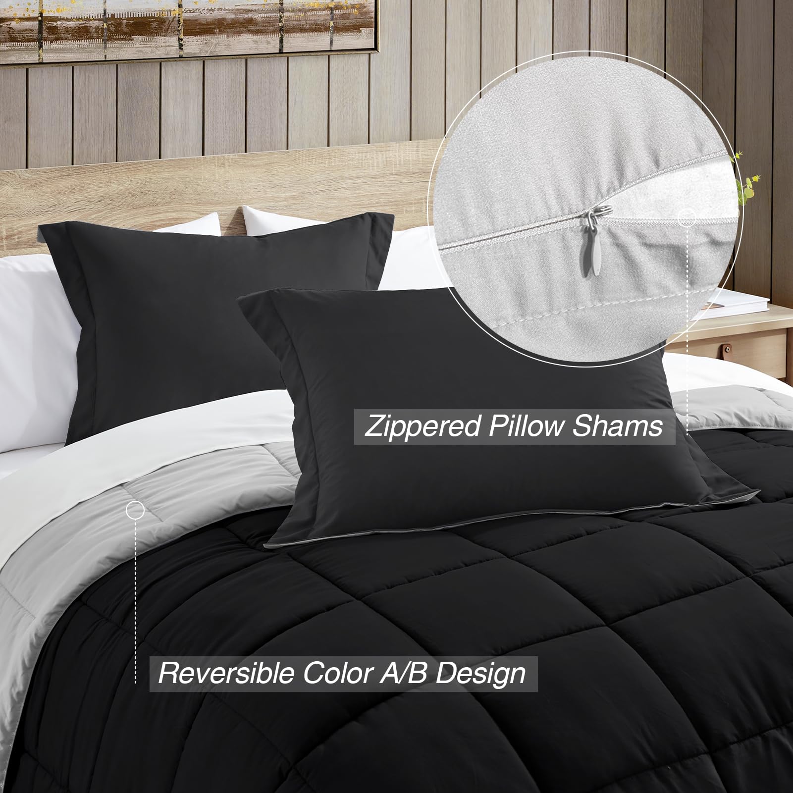 Satisomnia Full Size Comforter Set - 3 Piece Black Down Alternative Bedding | Lightweight, Soft & Breathable Quilted Comforter | Reversible All Season Bed Set for Cozy Sleep | Perfect for Guest Rooms, Dorms & Master Bedrooms