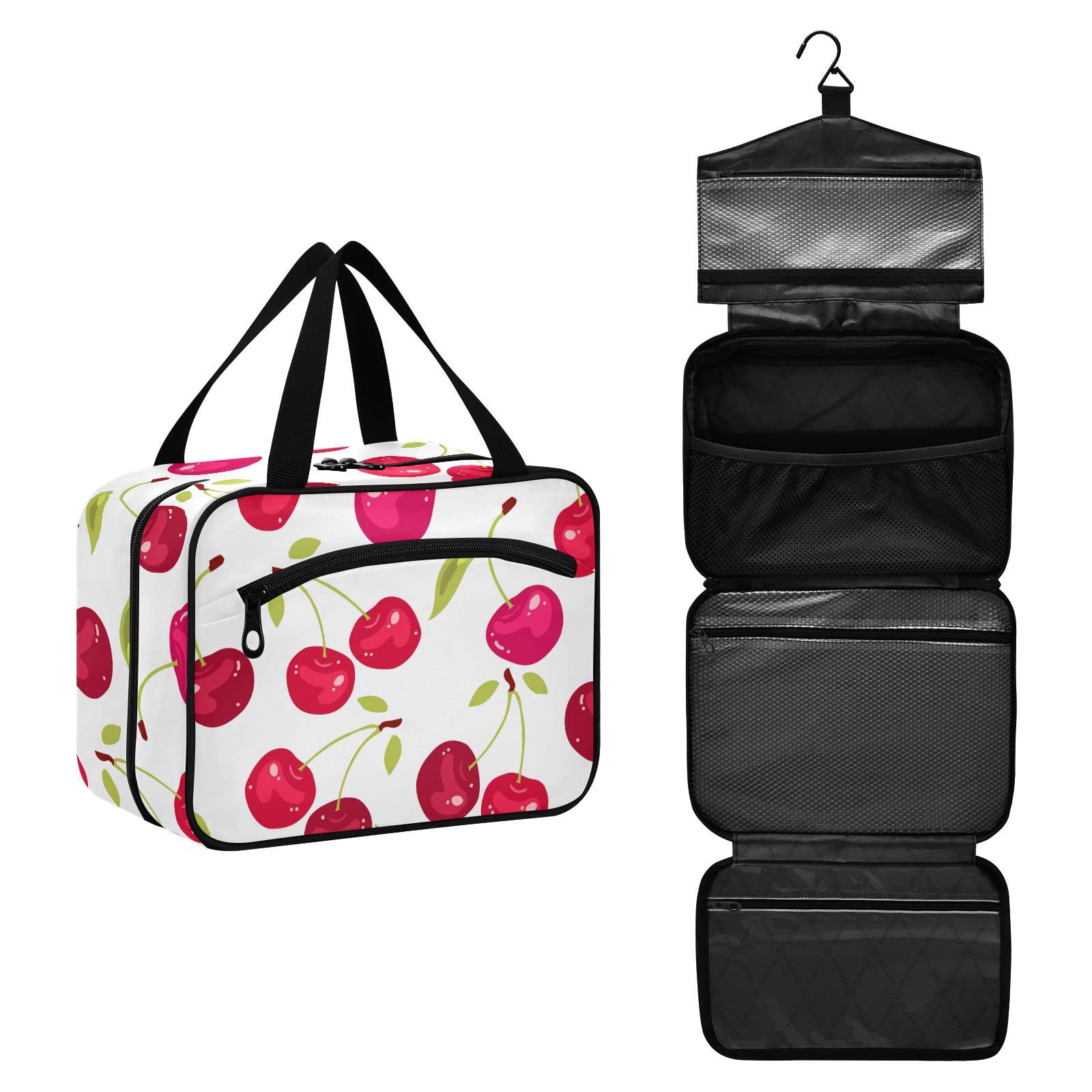 Waterproof Hanging Toiletry Bag with Hooks - Large Travel Cosmetic Organizer for Women & Men, Red Cherry Design - Perfect for Bathroom, Camping, Gym & Vacation Essentials Storage