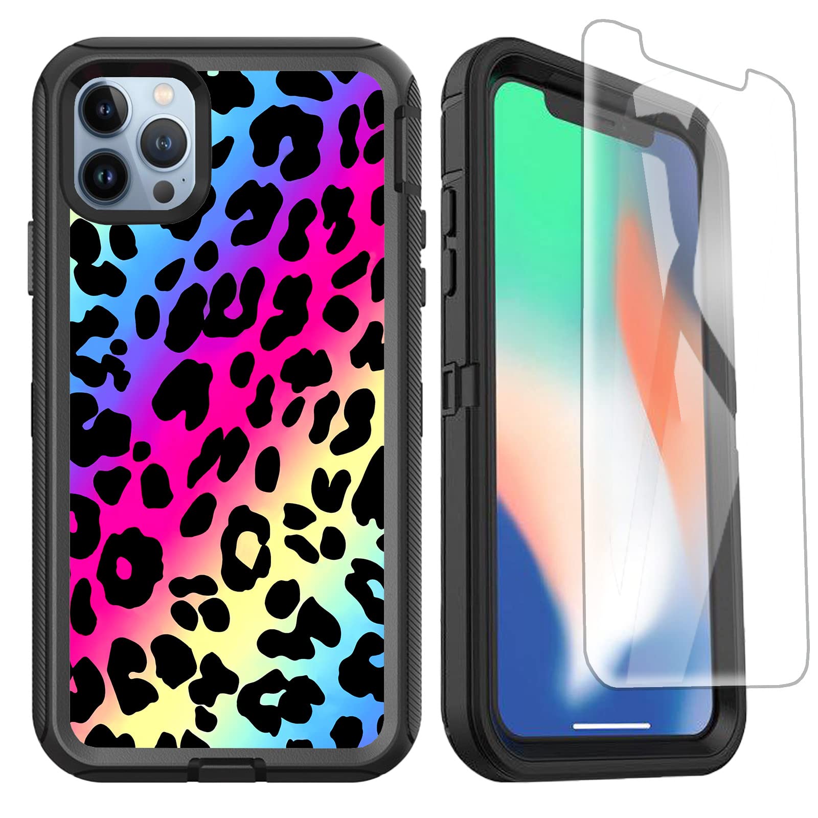 Shockproof Luxury iPhone 13 Pro Max Case with Screen Protector - Cute Leopard Cheetah Rainbow Design for Women & Girls | 3-Layer Heavy Duty Protection for Everyday Use, Travel & Outdoor Activities