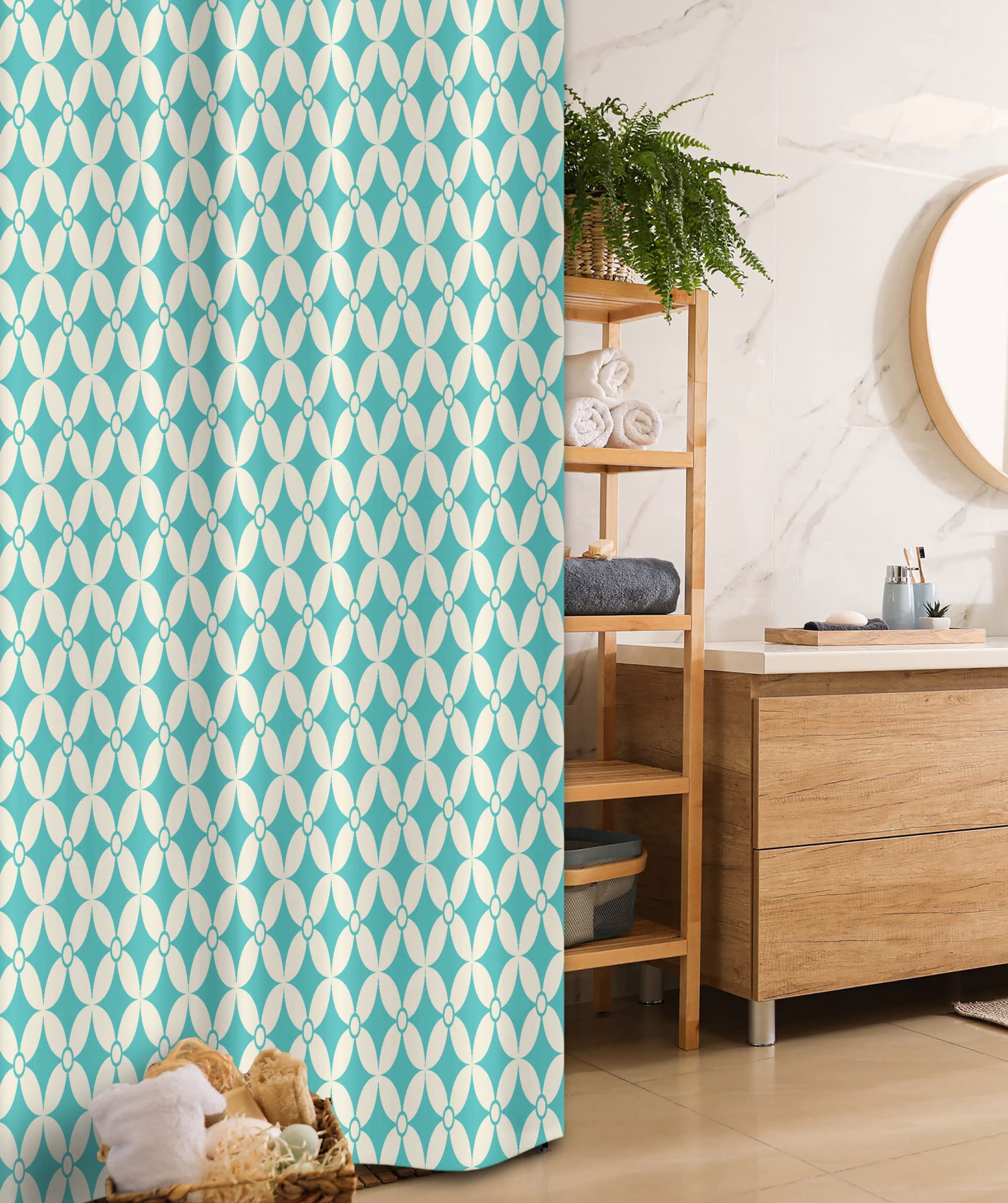 Ambesonne Vintage Geometric Shower Curtain - Turquoise & Cream Abstract Diamond & Circle Design, 36x72 Inch Bathroom Decor with Hooks | Waterproof Fabric for Modern, Farmhouse & Bohemian Style Bathrooms