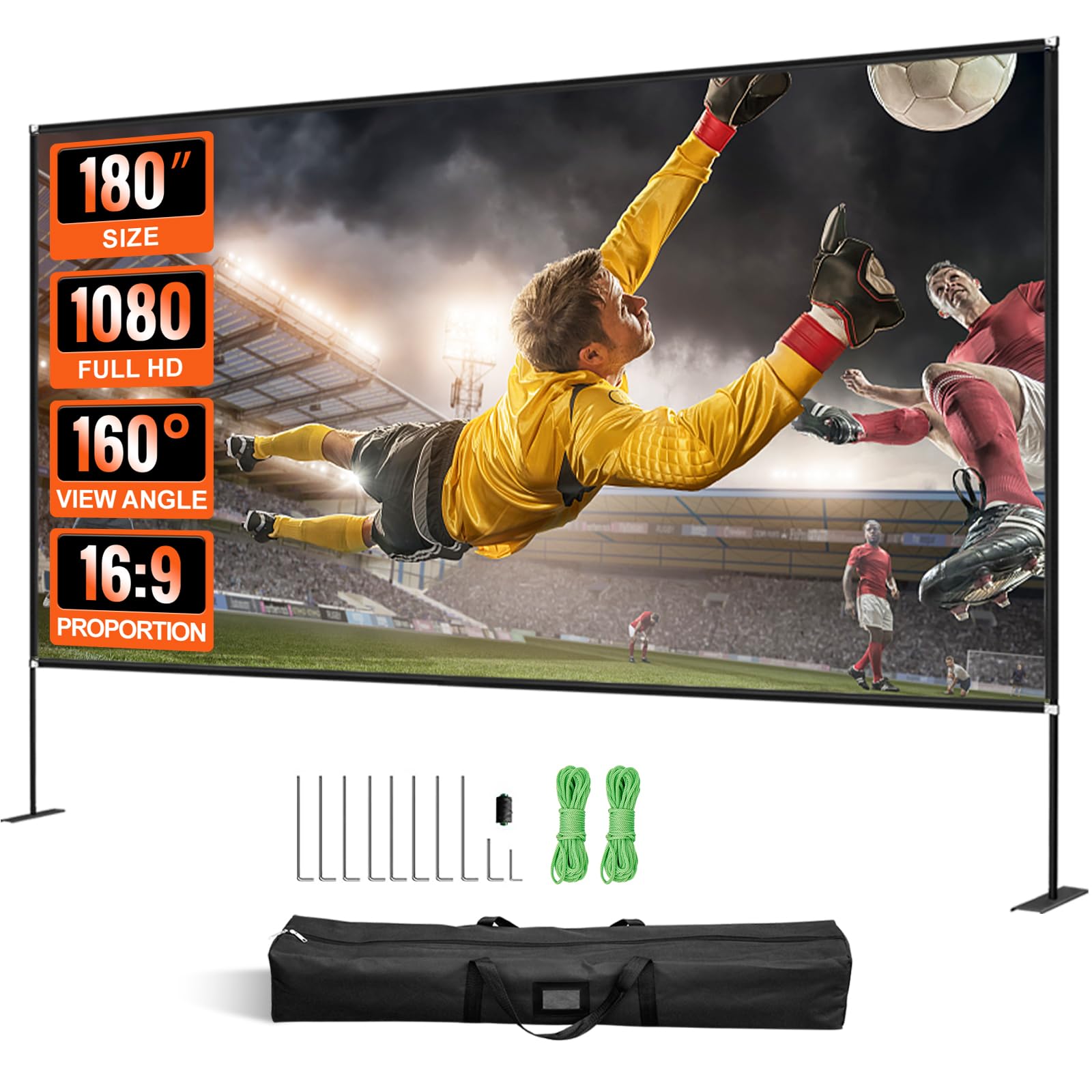 VEVOR 180-Inch Portable Projector Screen with Stand - 16:9 HD 4K Wide Angle Outdoor Movie Screen, Easy Assembly & Storage Bag - Perfect for Backyard Movie Nights, Home Theater, and Outdoor Events
