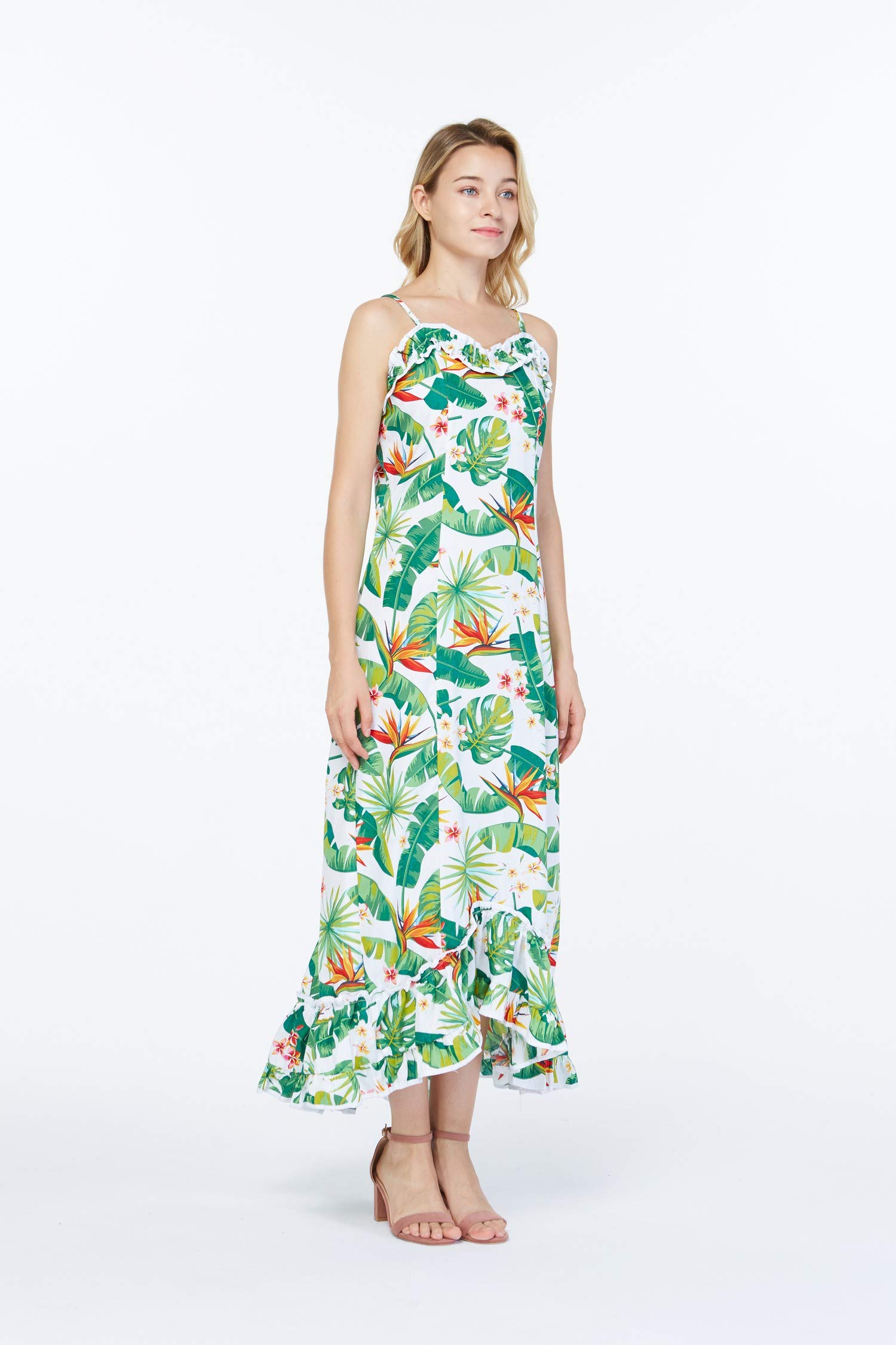 Hawaiian Couple Matching Luau Long Sleeve Shirt & Muumuu Dress - Tropical Bird of Paradise Print White - Perfect for Beach Parties, Hawaiian Theme Weddings & Vacation Outfits