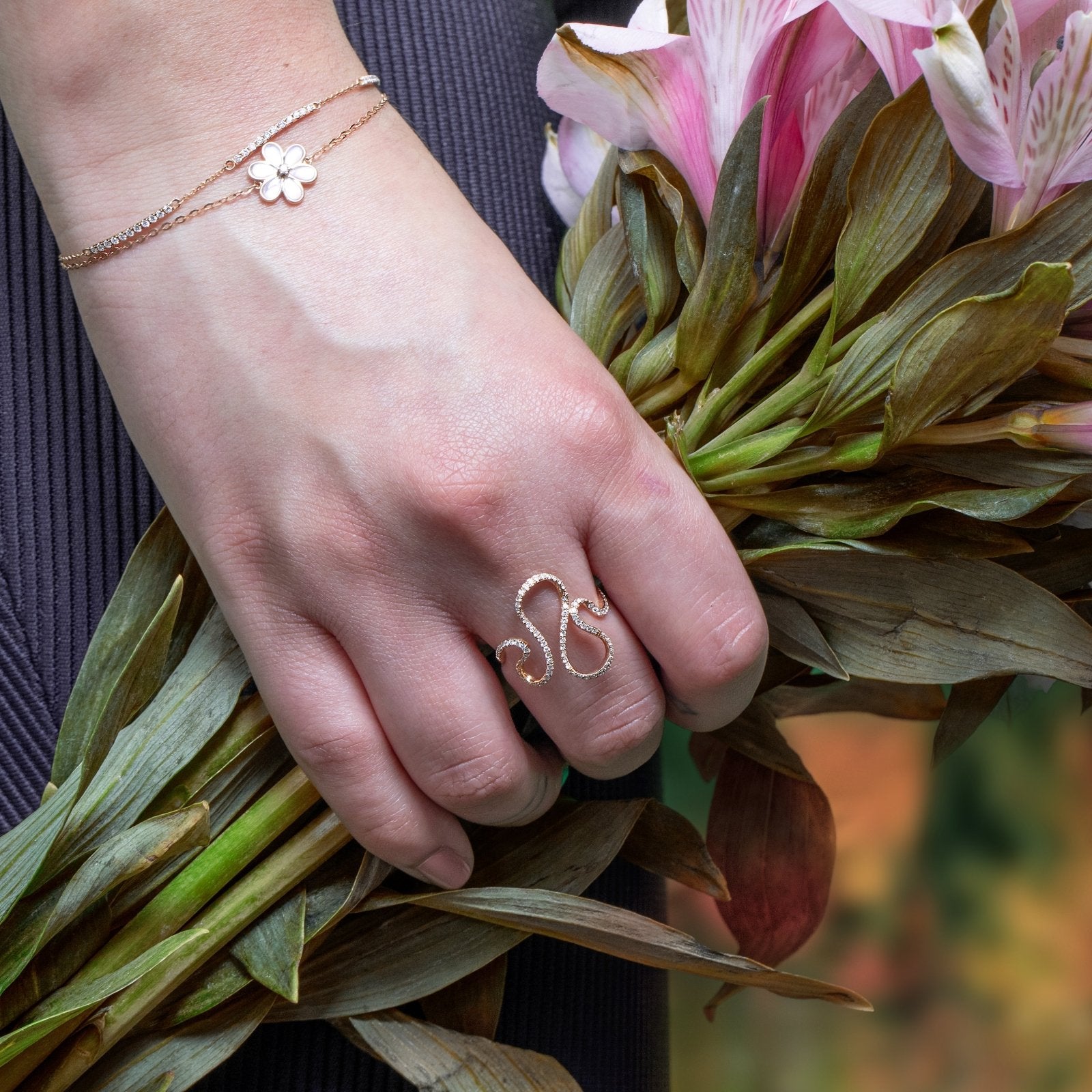 14K Rose Gold Diamond Wave Ring for Women - Elegant Stackable Band, Perfect for Wedding, Anniversary, and Everyday Jewelry Gift