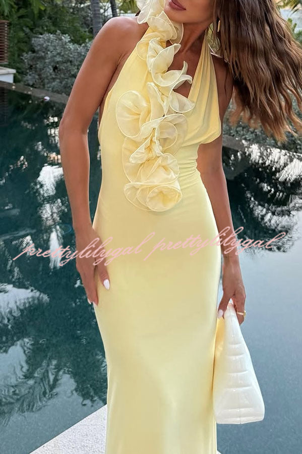 Vacay Mode Ruffles Trim Halter Backless Stretch Maxi Dress - Women's Summer Beach Dress for Vacation, Pool Party & Date Night