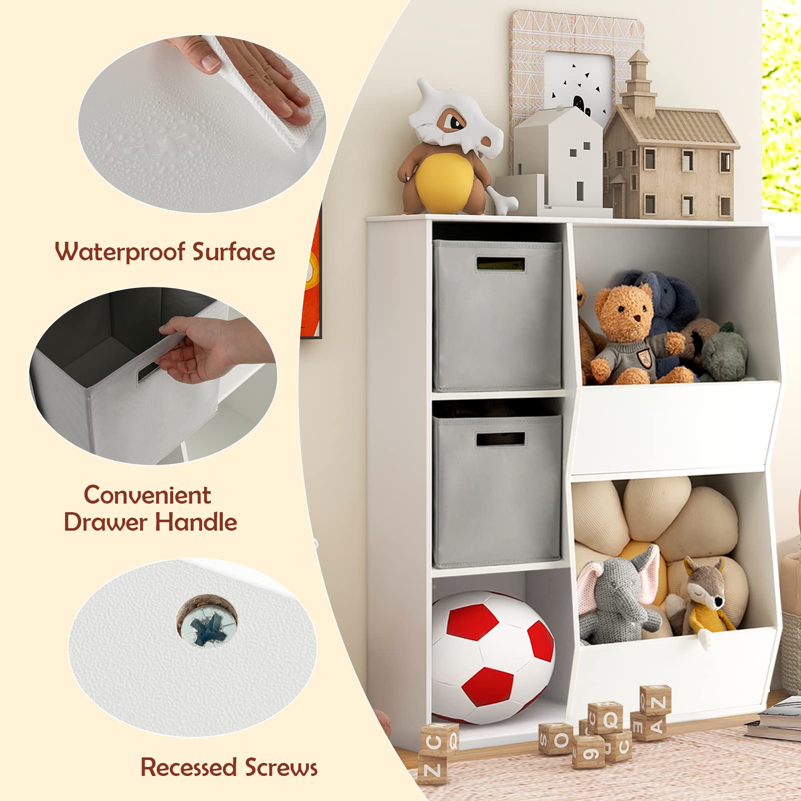 HONEY JOY 5-Cubby Wooden Kids Toy Storage Organizer & Bookshelf with 2 Storage Bins - Playroom, Nursery, Daycare & Kindergarten Toy Display Cabinet for Books, Toys & Organization