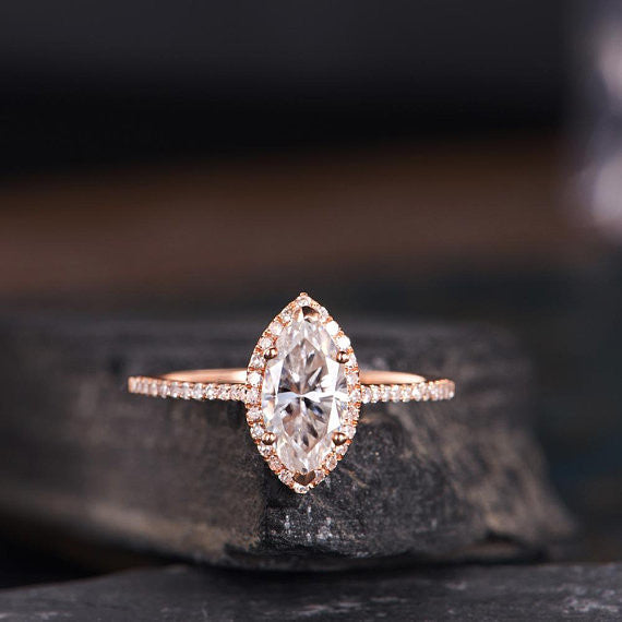 1ct Rose Gold Moissanite Engagement Ring for Women - Marquise Cut Halo Diamond Wedding Band, Half Eternity Bridal Ring Set, Anniversary Gift for Her | Perfect for Proposals, Weddings & Special Occasions