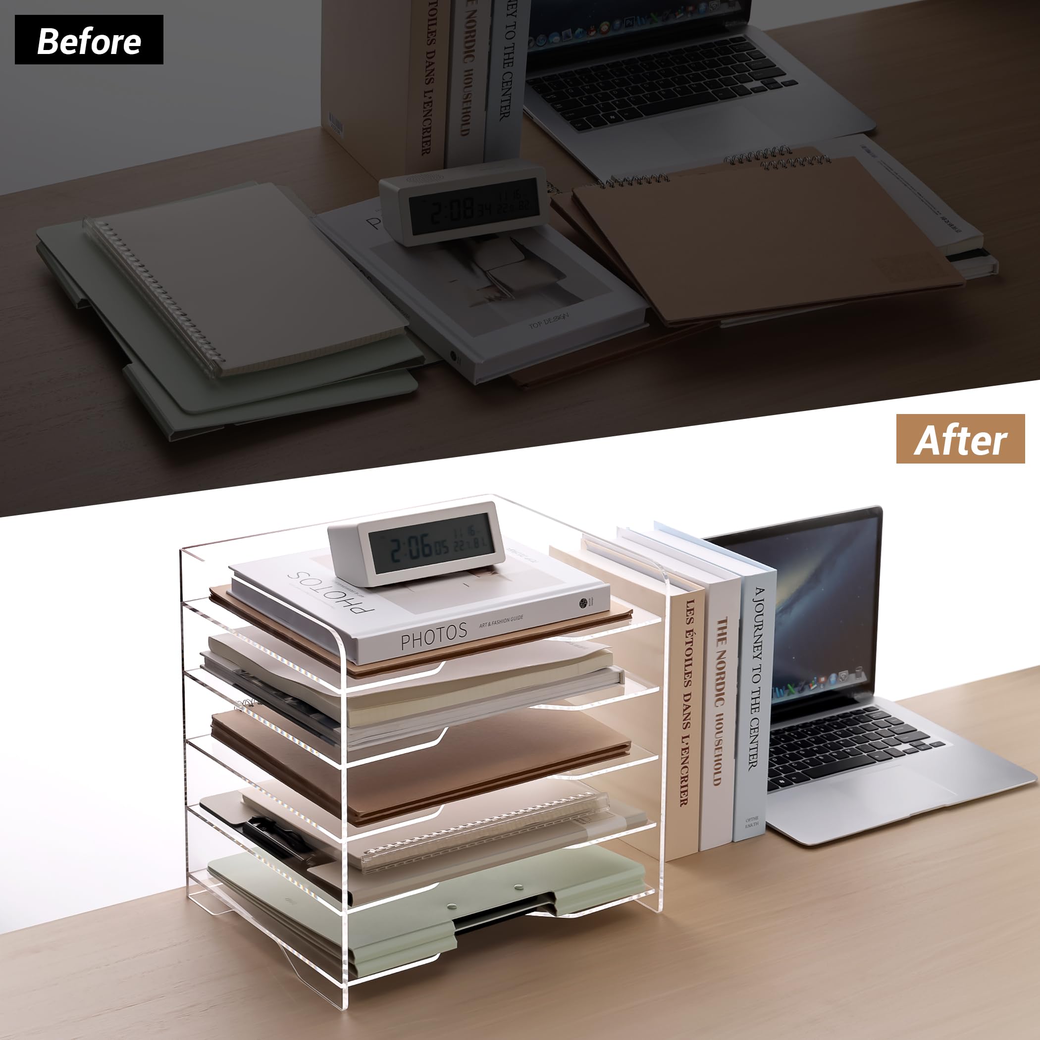 5-Tier Clear Acrylic Desk File Organizer with Handle - Letter Tray Paper Document Holder for Office, Home & Classroom - Perfect for Organizing Mail, Bills, Schoolwork & Office Supplies