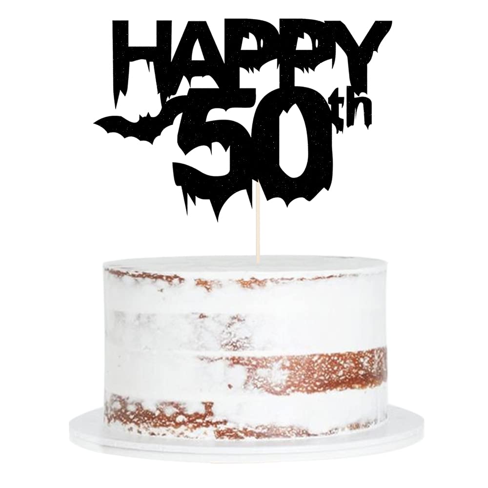 Black Glitter Happy 50th Birthday Cake Topper - Elegant 50th Birthday Cake Decoration for Halloween, Wedding & Anniversary Parties - Perfect for Bat-Themed Celebrations and Special Occasions
