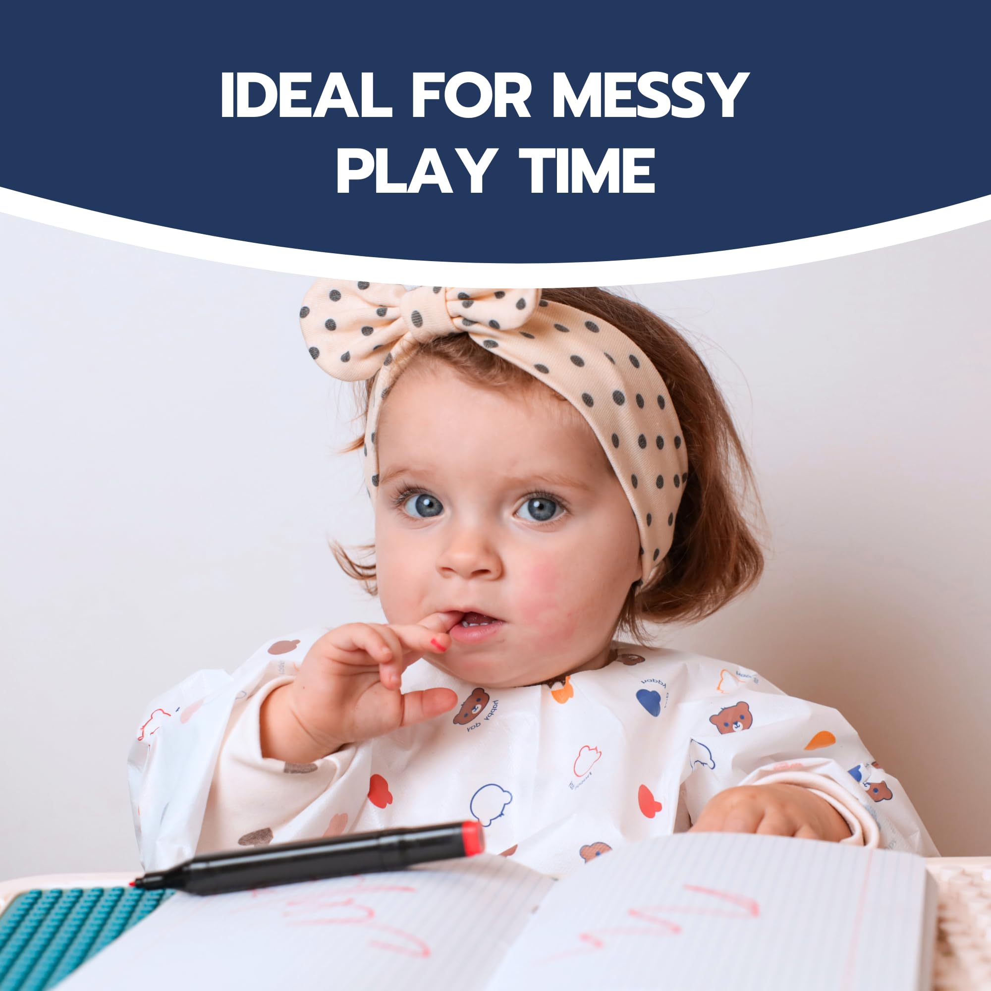 Waterproof Disposable Baby Bibs with Long Sleeves & Crumb Catcher - Individually Wrapped 10 Pack for Messy Meals, Travel & Daycare Use