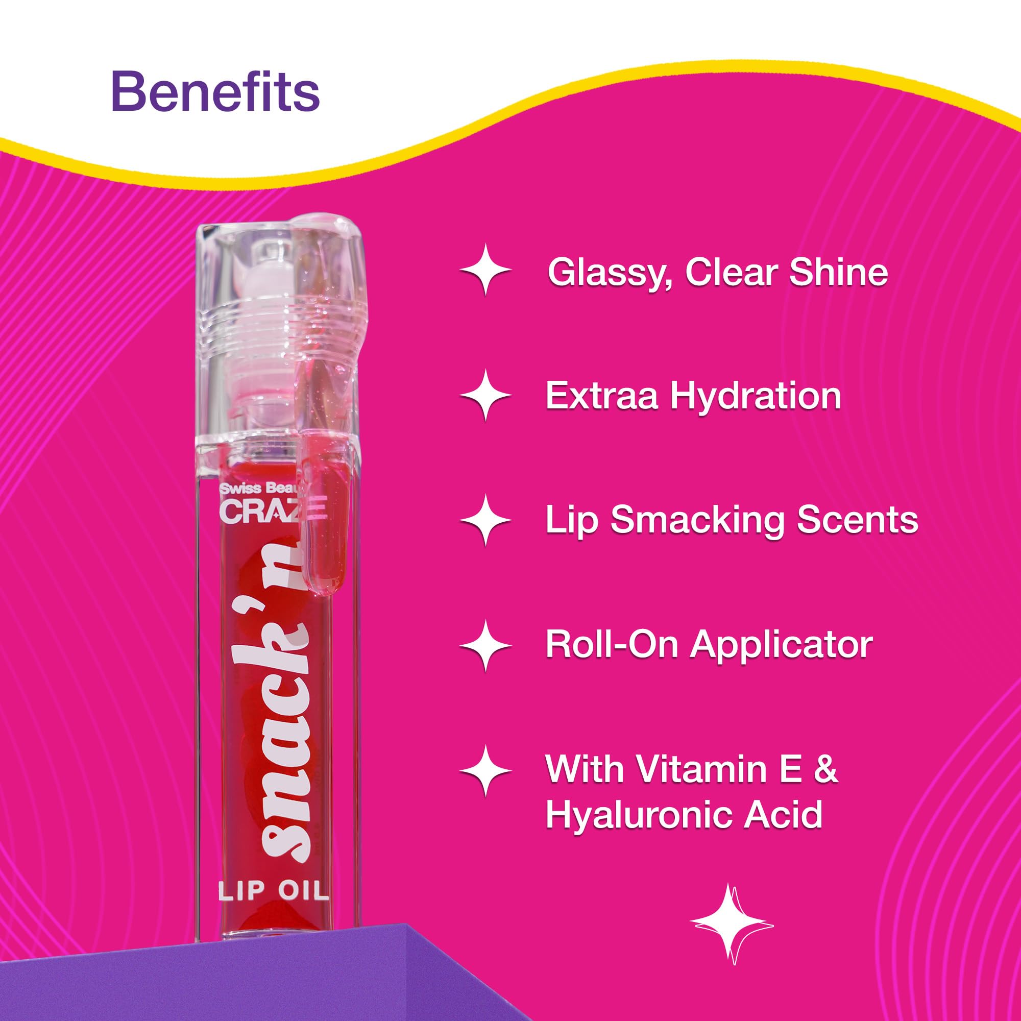 SWISS BEAUTY Craze Snack'N Nourishing Lip Oil with Vitamin E & Hyaluronic Acid - Glass-Like Shine, Hydrating & Plumping - Apple Tart Shade (4.5ml, Pink) | Perfect for Daily Moisture, Glossy Look & Night Lip Care