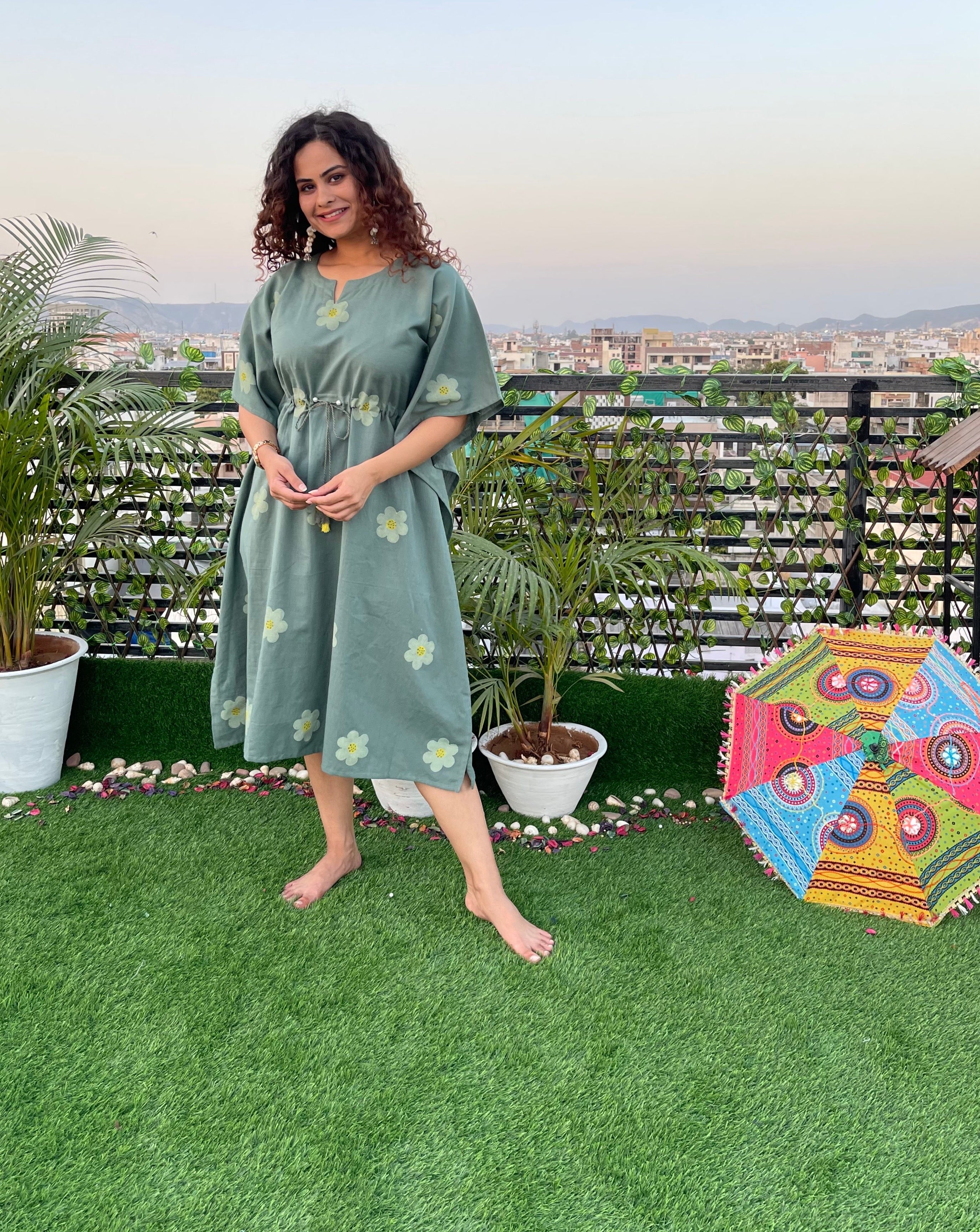 Stylish Green Cotton Long Kaftan Dress with Hand-Painted Design - Perfect for Beach Cover-Up, Boho Fashion, and Summer Vacations