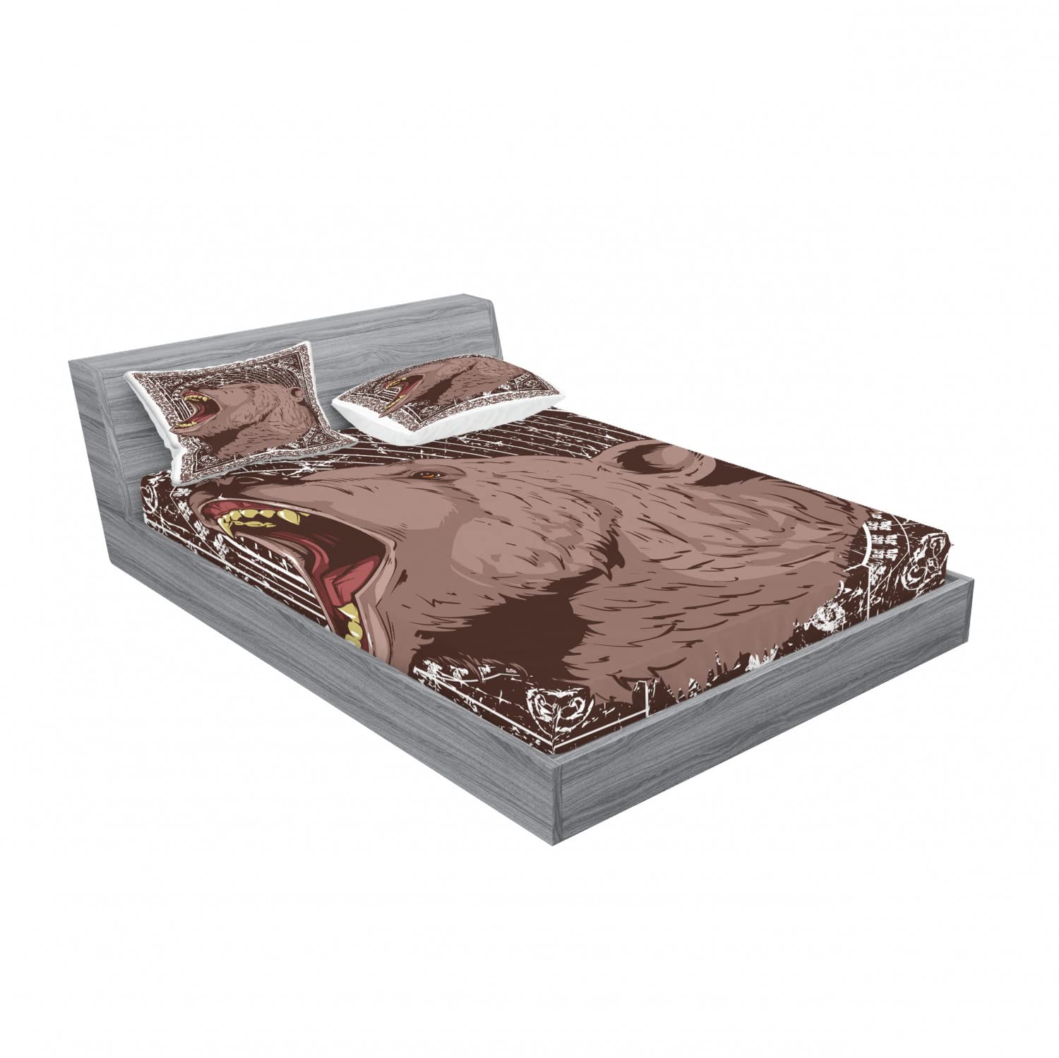 Ambesonne 2-Pack Queen Size Fitted Sheet & Pillow Sham Set - Grizzly Bear Print Brown White Bedding Decor (Includes 2 Fitted Sheets & 4 Pillow Covers) - Perfect for Wildlife Themed Bedrooms, Cabin Decor, and Bear Lovers' Home Decor