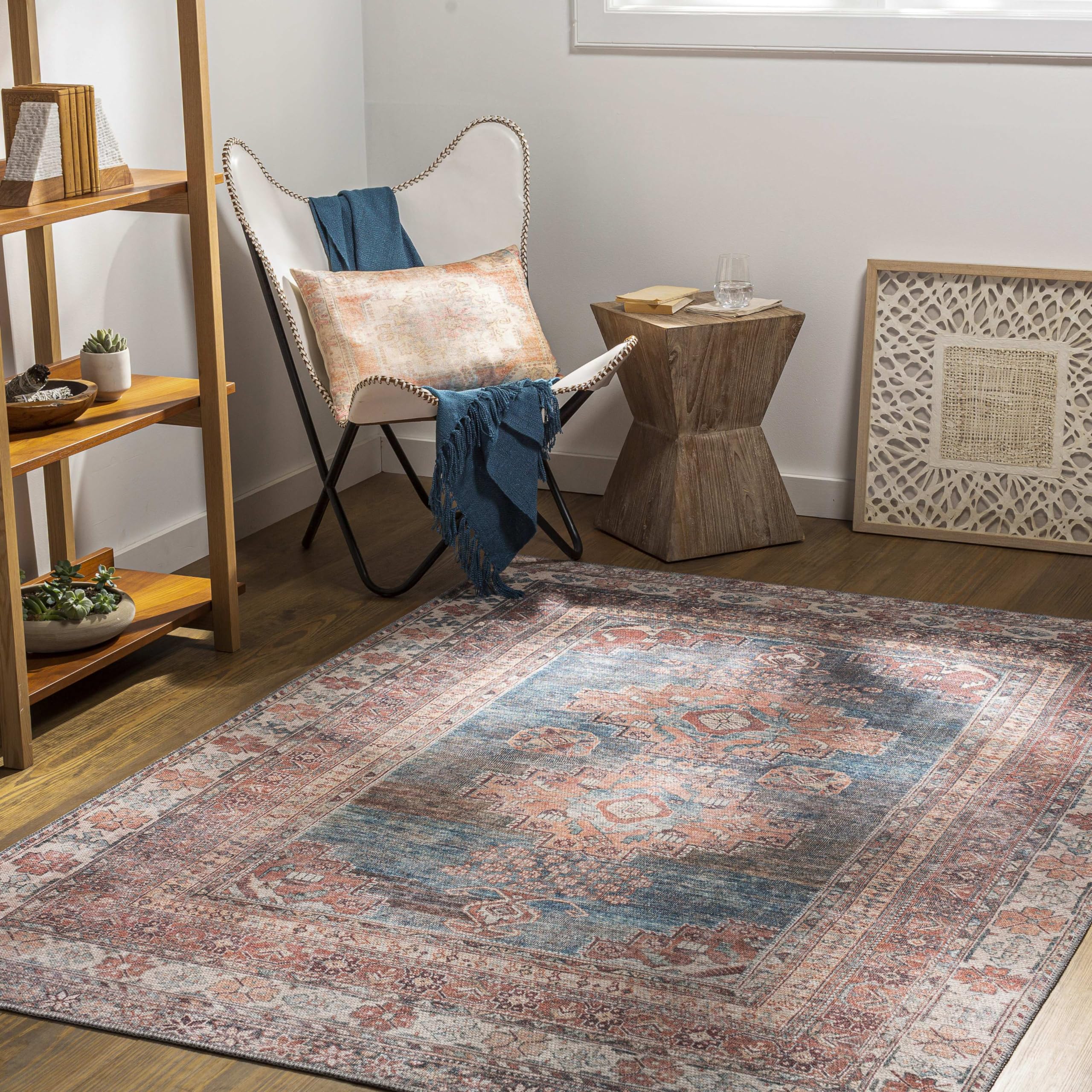 Mark&Day Washable Rugs 6x9 McCordsville Traditional Coral Area Rug - Machine Washable Pink Blue Carpet for Living Room, Bedroom, Kitchen (6'7