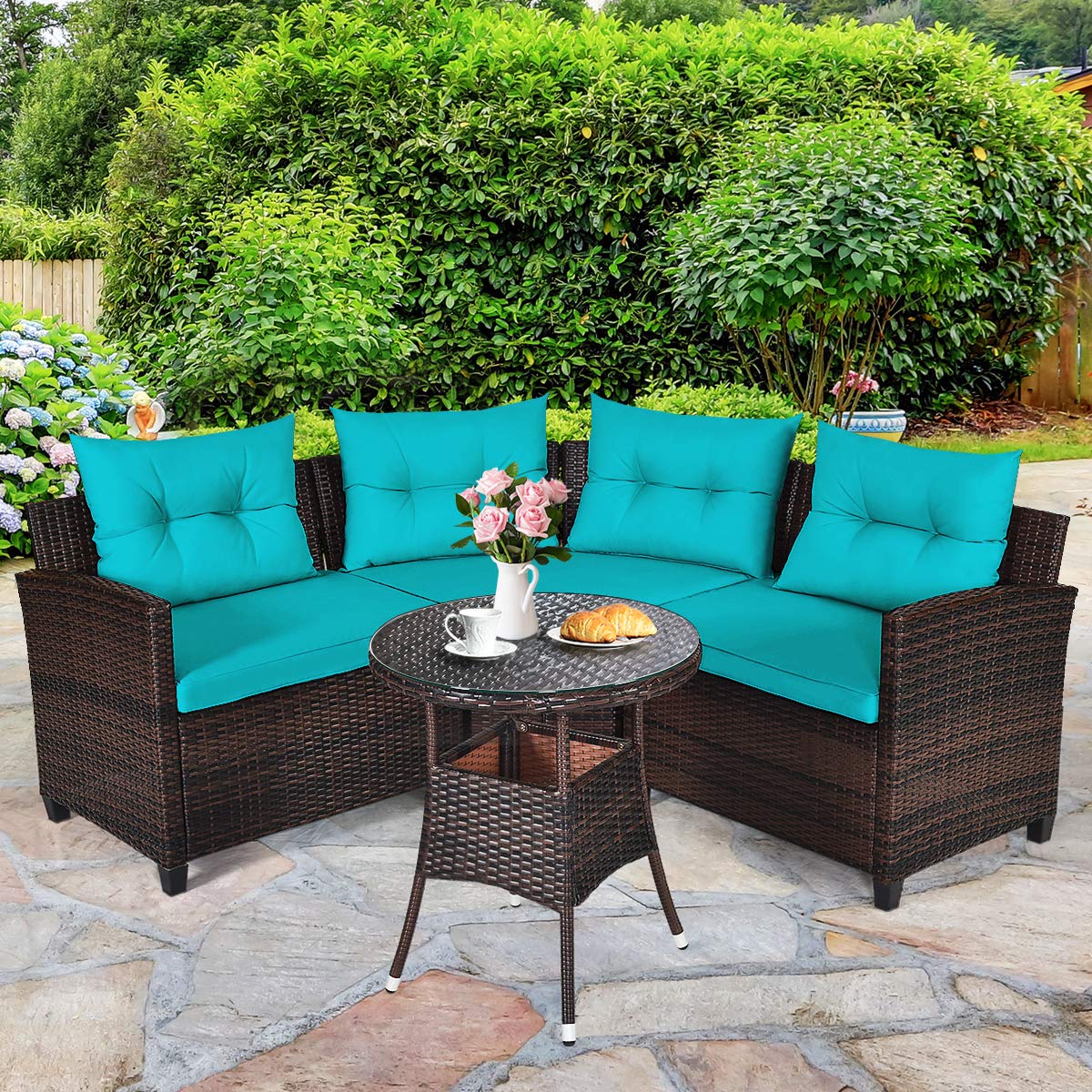 HAPPYGRILL 4-Piece Outdoor Patio Furniture Set - Rattan Wicker L-Shaped Sectional Sofa with Cushions & Coffee Table - Weather-Resistant Garden, Poolside, Balcony Conversation Set for Relaxing & Entertaining