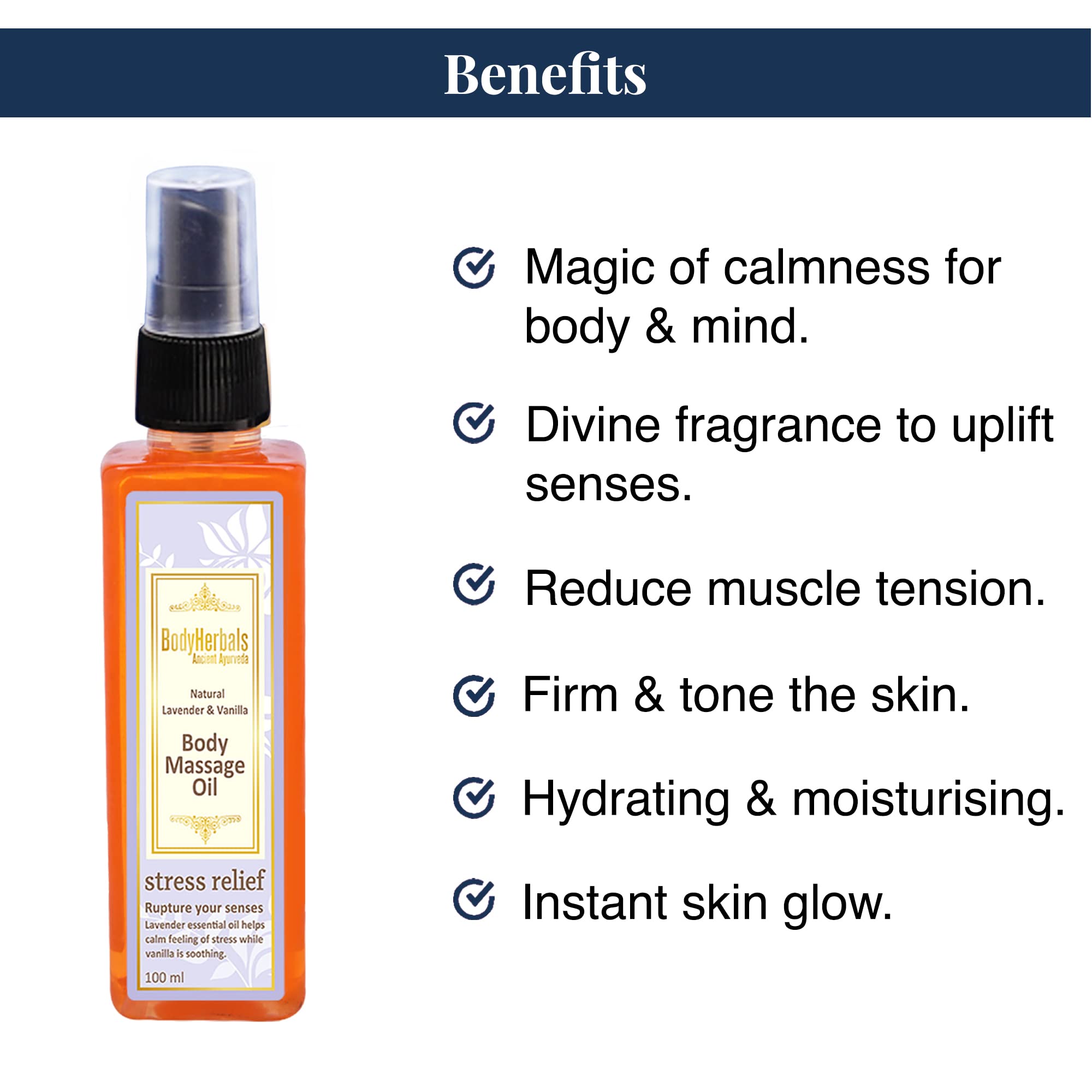 BodyHerbals Stress Relief Natural Lavender & Vanilla Body Massage Oil (100ml) with Wooden Massager | Almond & Coconut Oil Blend | Detox, Tone & Reduce Cellulite | 100% Vegan, Paraben & SLS Free | For Men & Women | All Skin Types | Relaxing Aromatherapy for Spa, Home Use & Couples Massage