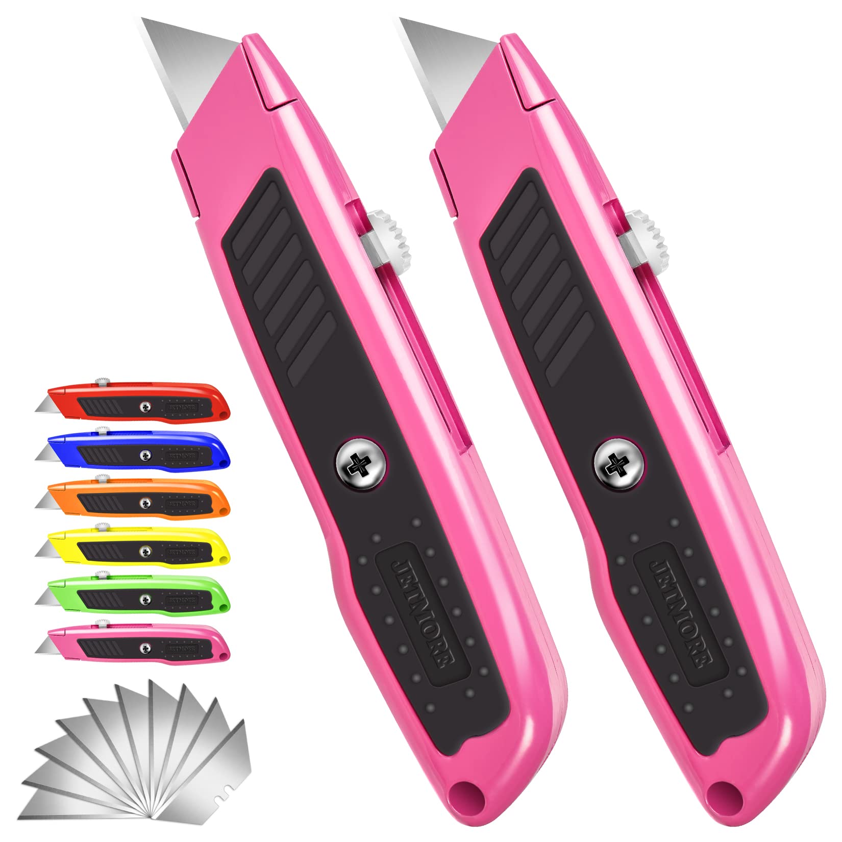 **2 Pack Pink Box Cutter Utility Knife - Retractable Exacto Knife with 10 SK5 Blades, Durable Cardboard & Package Opener for Home, Office, Warehouse & DIY Crafts**