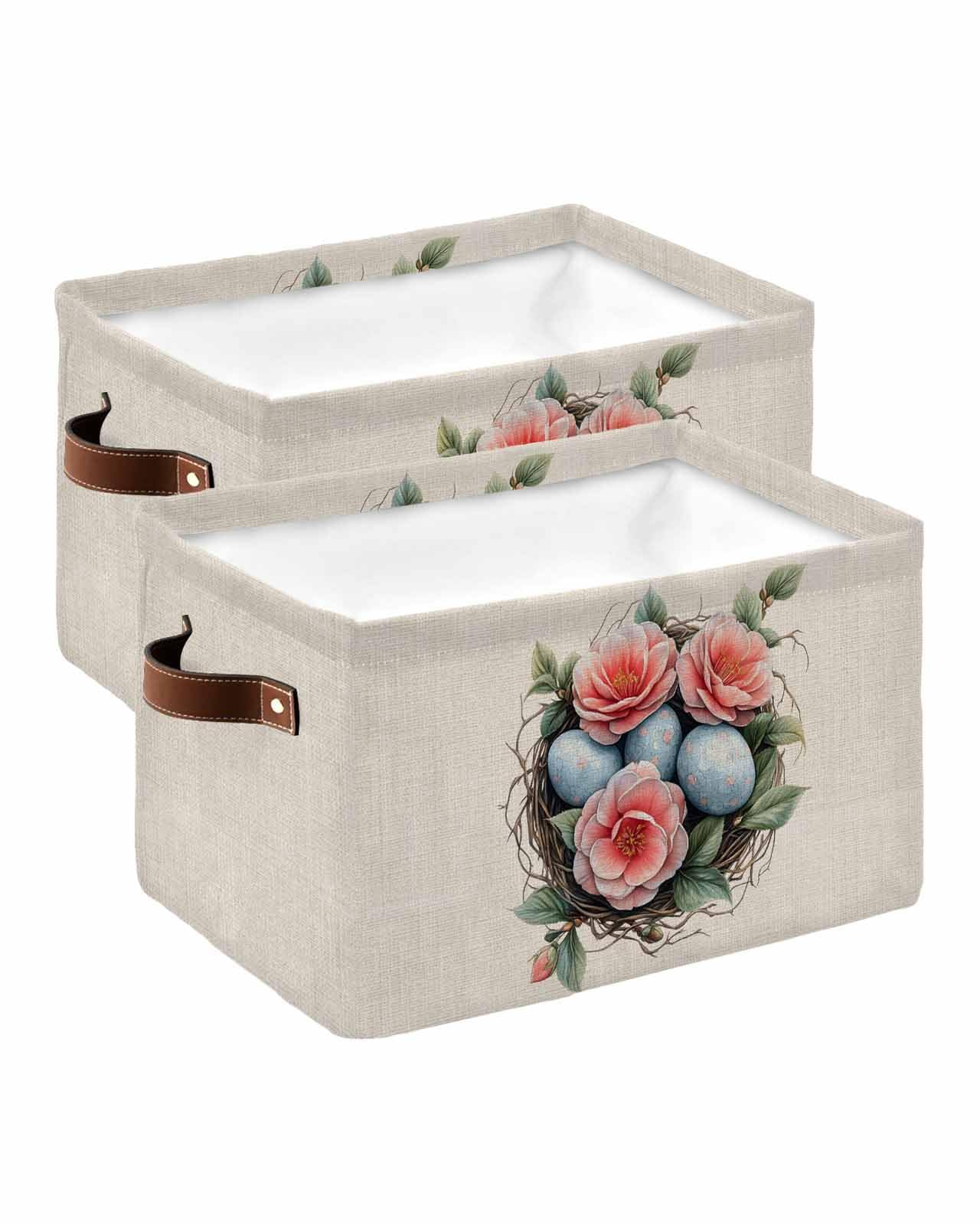 Large Collapsible Storage Bins with Handles - 2-Pack Easter Blue Floral Linen Baskets & Spring Green Leaf Cube Organizers for Shelves, Closet, Nursery | Space-Saving Home Organization for Toys, Blankets & Seasonal Decor