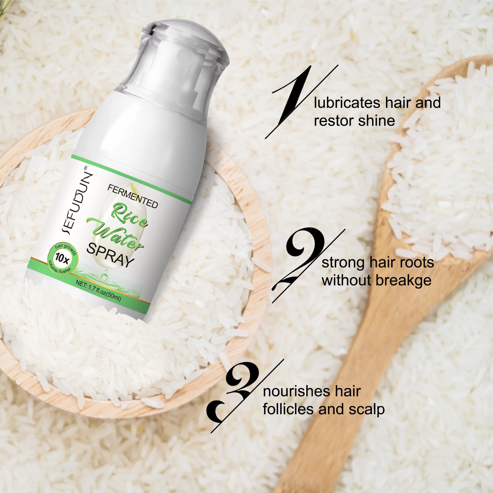 Rice Water Hair Growth Treatment Spray - Leave-in Scalp Care for Thinning Hair & Hair Loss | Castor Oil & Glycerin Formula for Stronger, Healthier Hair - 50ml | Perfect for Daily Hair Care Routine & Scalp Nourishment