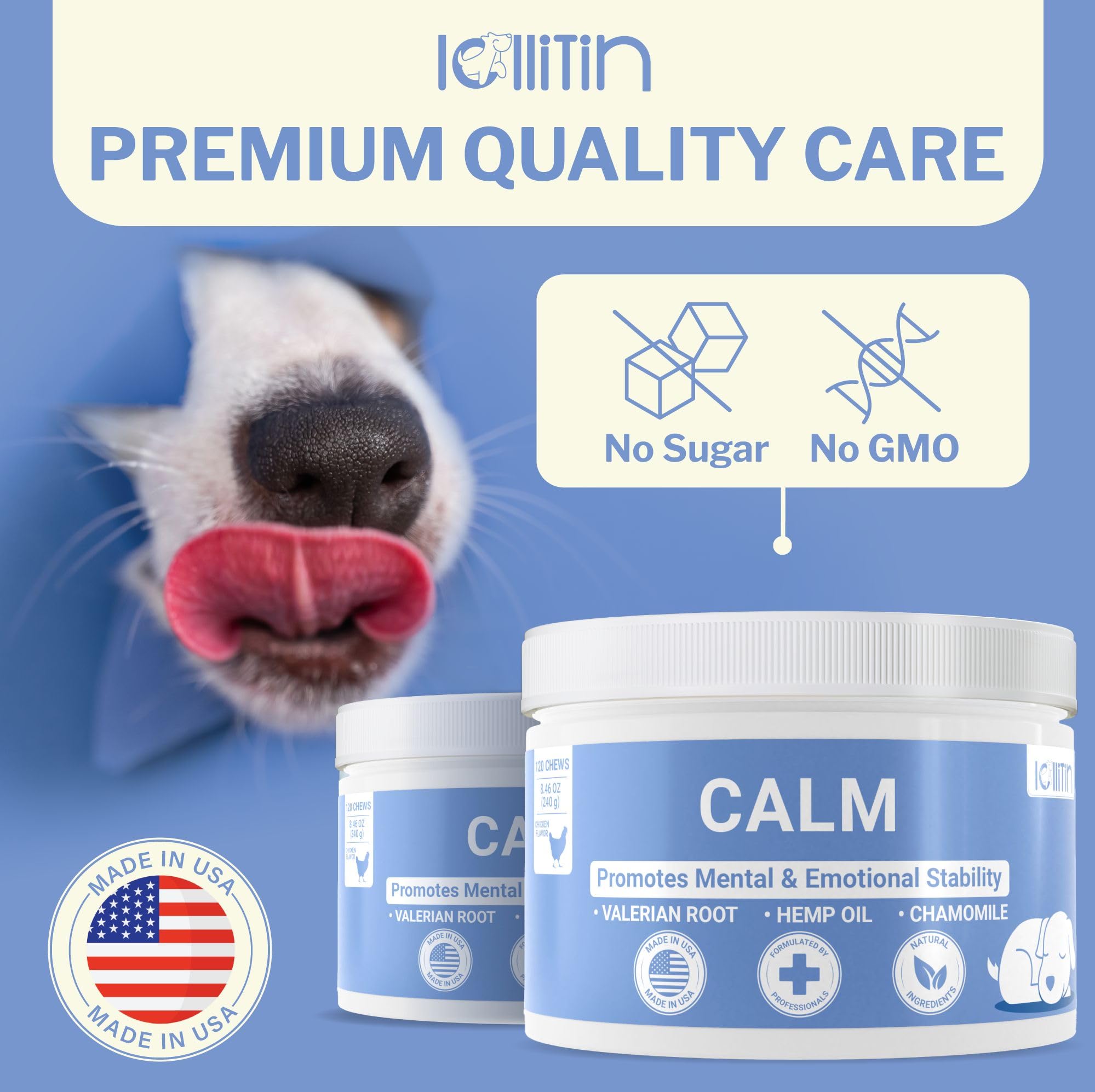 Premium All-Natural Dog Calming Chews - Made in USA - 120 Count Supplement for Small, Medium & Large Dogs - Anxiety Relief & Stress Support - Perfect for Travel, Vet Visits & Thunderstorms