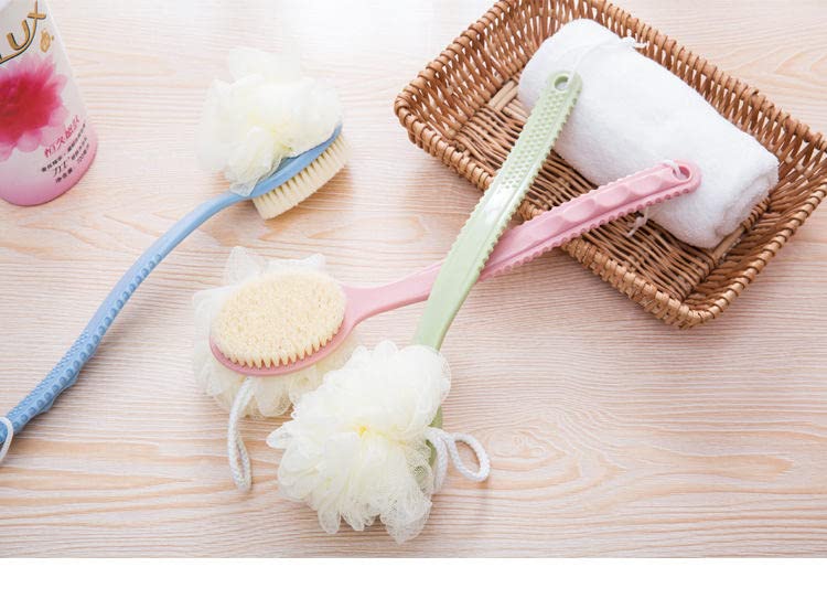 Adaamya® Exfoliating Shower Brush with Bristles & Loofah Sponge - Long Curved Handle Body Scrubber for Men & Women - Perfect for Dry Skin Care, Back Cleansing & Spa Relaxation (Color May Vary)