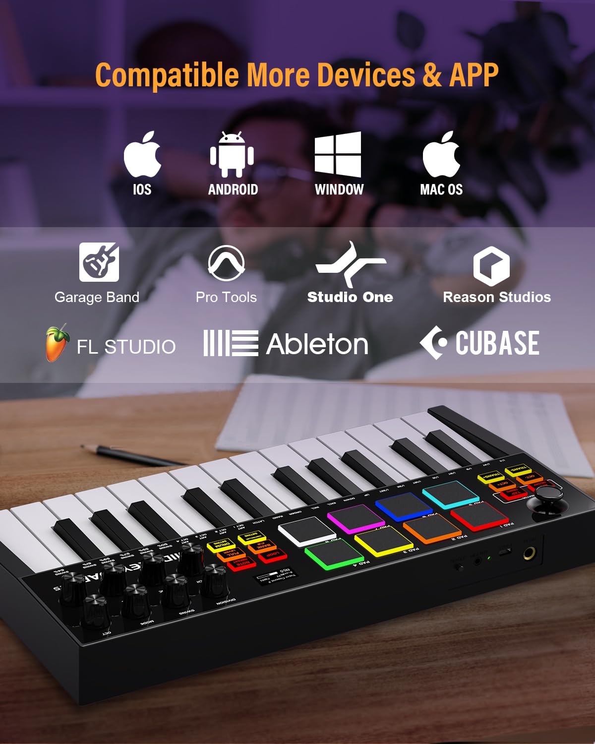 25-Key Rechargeable MIDI Keyboard Controller with 8 Backlit Drum Pads & 8 Knobs - OLED Display, DAW Integration for Music Production - Perfect for Home Studios, Live Performances & Beat Making