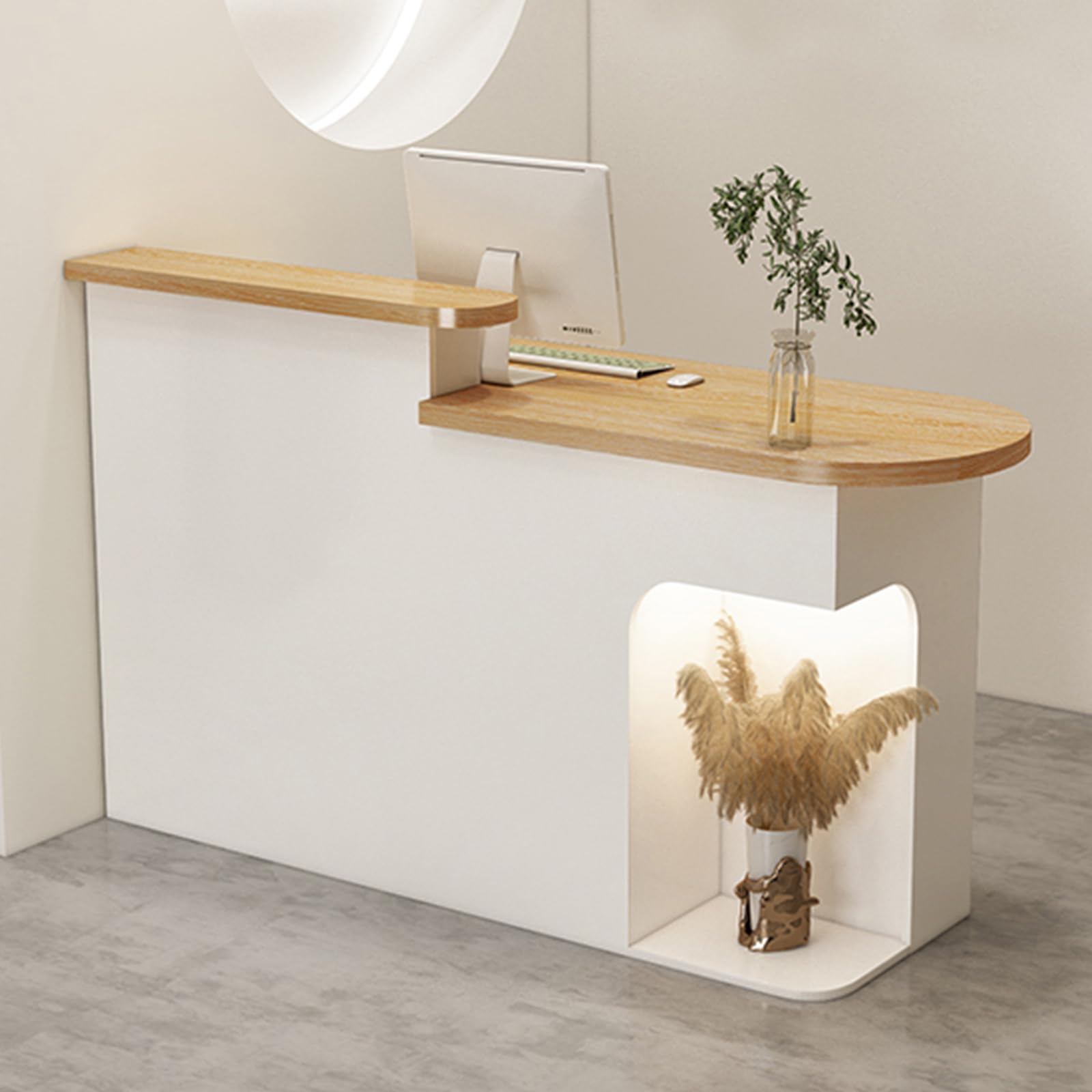 Modern Reception Desk with Lockable Drawer & Open Shelves - Large Retail Counter for Salon, Office Lobby & Checkout Station - Durable Front Desk with Storage Cabinet for Professional Spaces