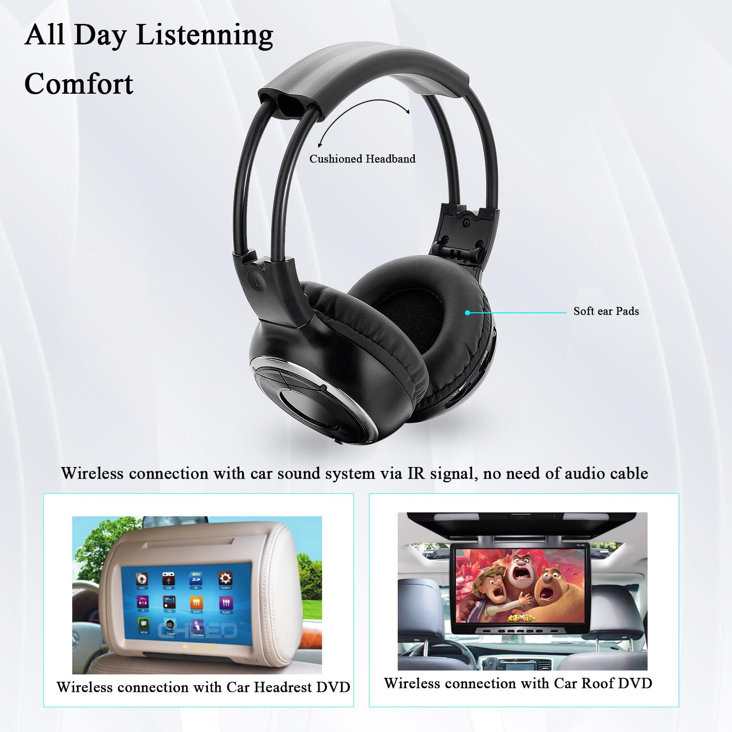 Universal 2 Channel IR Foldable Wireless Headphones for Kids - Infrared Headset for Car DVD Video & Entertainment System (2 Pack) - Perfect for Road Trips, Airplane Travel and Home Movie Nights