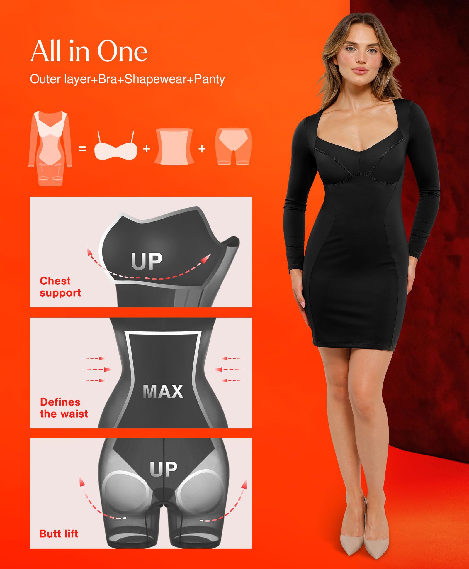 Popilush Women's Shapewear Dress - Long Sleeve Sweetheart Neckline Bodycon Mini Dress with Tummy Control | Thermal Red | Perfect for Work, Party & Date Night Outfits