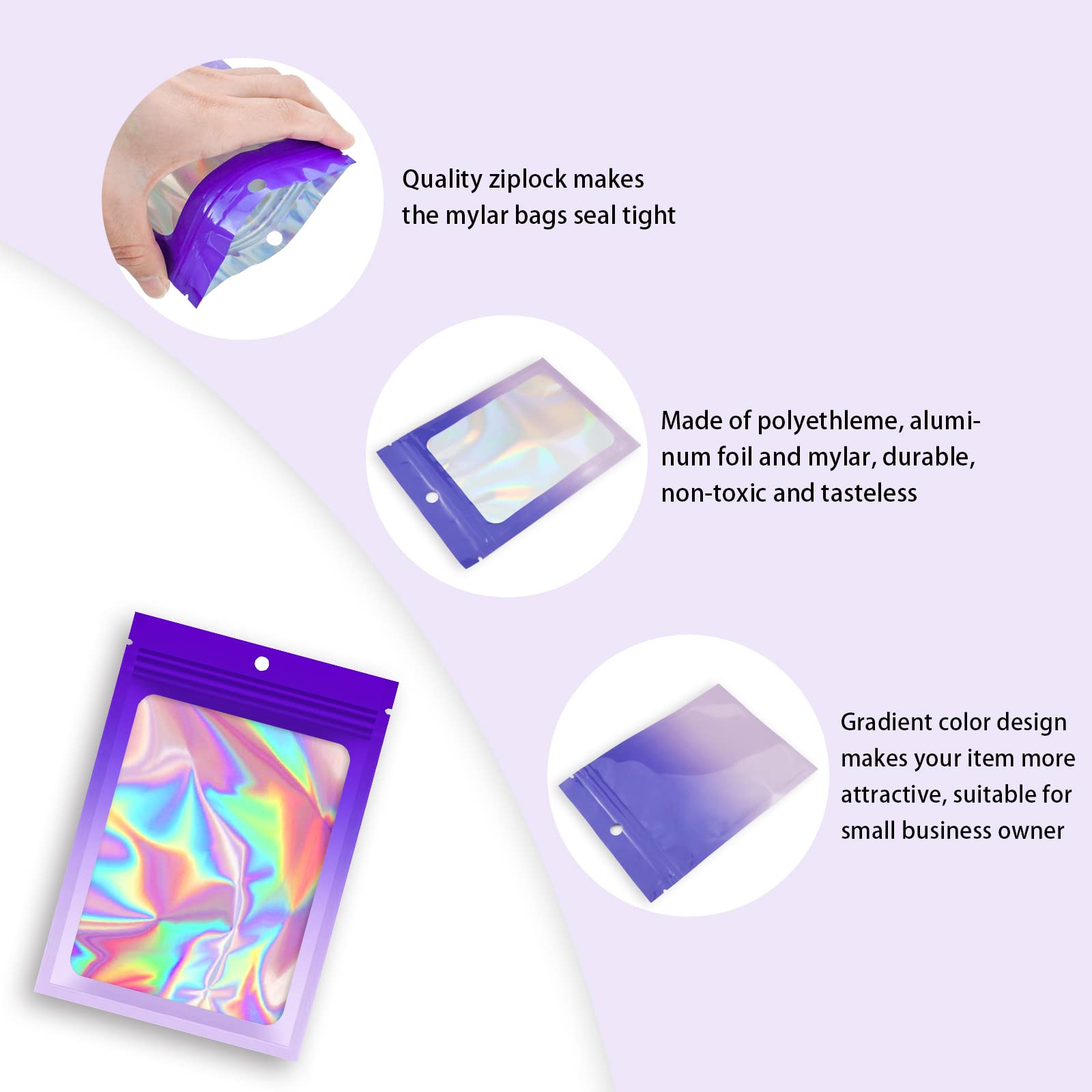 100-Piece Smell Proof Mylar Bags with Clear Window | Airtight Resealable Food Storage Bags for Party Favors, Small Business Packaging & Bulk Food Storage (2.8×4 Inch, Gradient Purple) - Perfect for Candy, Coffee, Tea, Herbs & DIY Gift Packaging