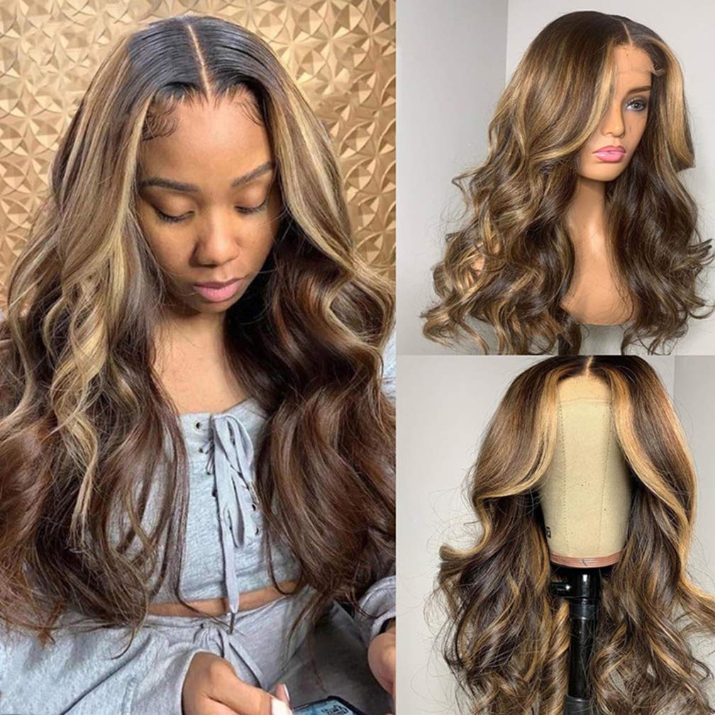 13x4 Lace Front Human Hair Wig - Long Ombre Balayage Highlight Wig with Loose Waves for Black & White Women | Brown to Blonde Mix | Perfect for Parties, Weddings & Daily Wear