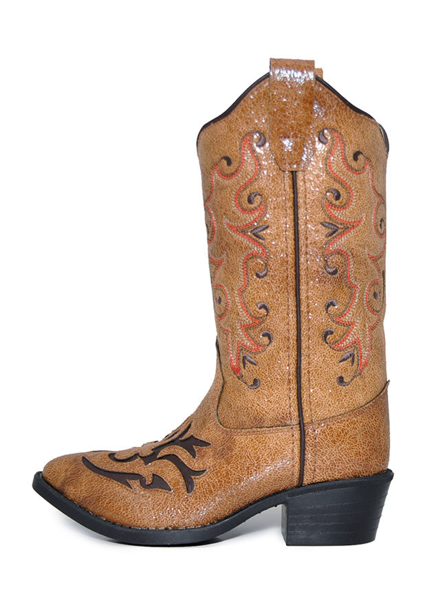 Old West VJ9113 Girls Cowgirl Boots - Round Toe Western Boots with Inlay Design, Tan Leather - Perfect for Rodeo, Country Dance & Western Fashion