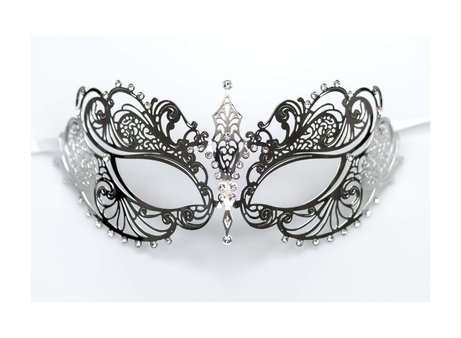 Elegant Silver Venetian Masquerade Mask - Laser Cut Metal with Sparkling Crystals for Mardi Gras, Halloween, Costume Parties & Ballroom Events