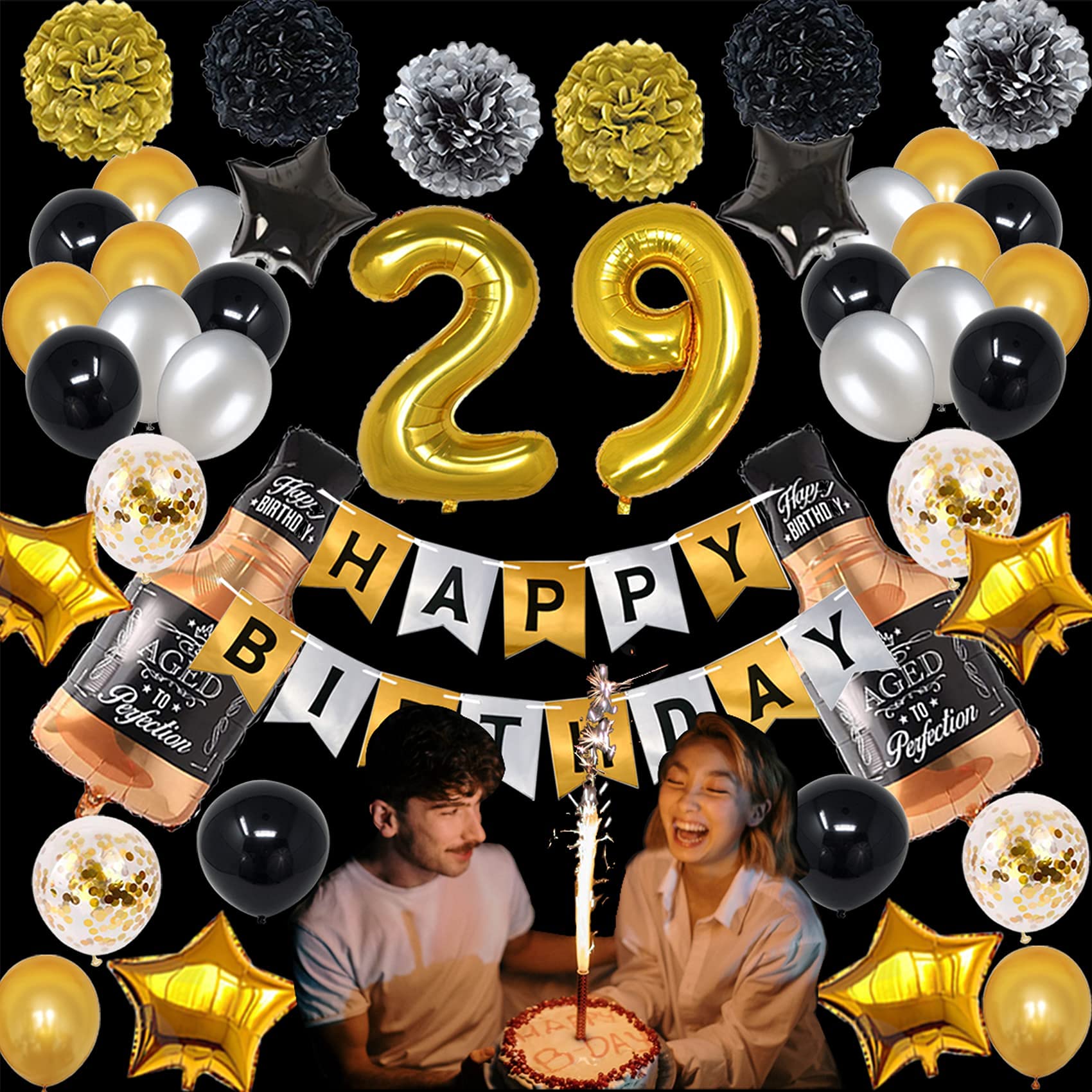 29th Birthday Party Decorations Set - Gold & Black Theme with Number Balloons & Banner for Men & Women | Perfect for 29th Birthday Celebrations, Milestone Parties & Adult Birthday Decorations
