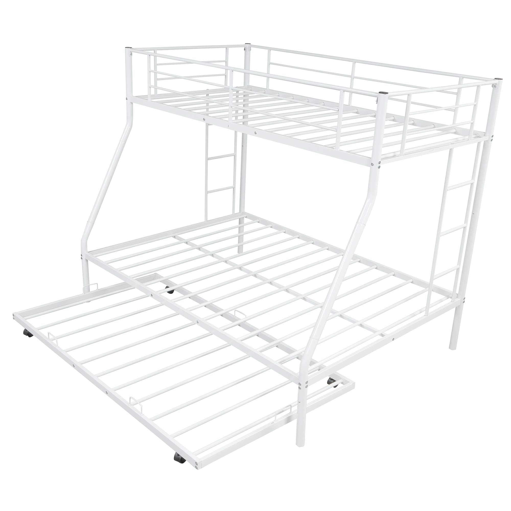 Metal Bunk Beds Twin Over Full Size with 2 Ladders & Trundle Bed - Sturdy Space-Saving Bunk Bed for Kids, Teens & Adults (White) | Perfect for Small Bedrooms, Guest Rooms & Vacation Homes