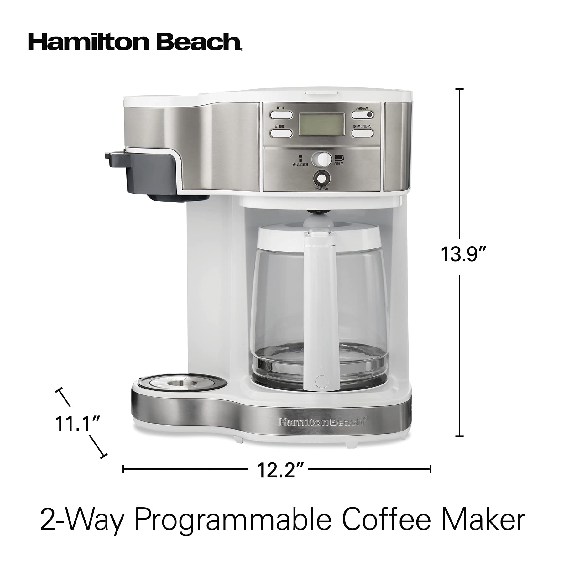 Hamilton Beach 49933 2-Way 12 Cup Programmable Drip Coffee Maker & Single Serve Machine with Glass Carafe - Auto Pause & Pour - White - Perfect for Home, Office & Entertaining